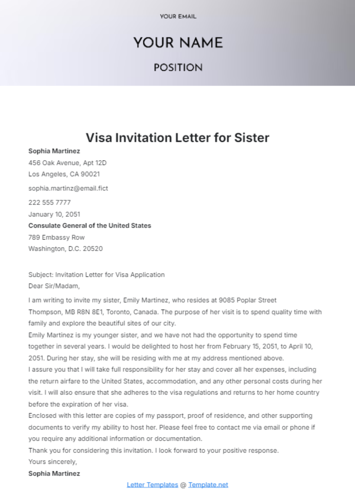 Visa Invitation Letter for Sister Template