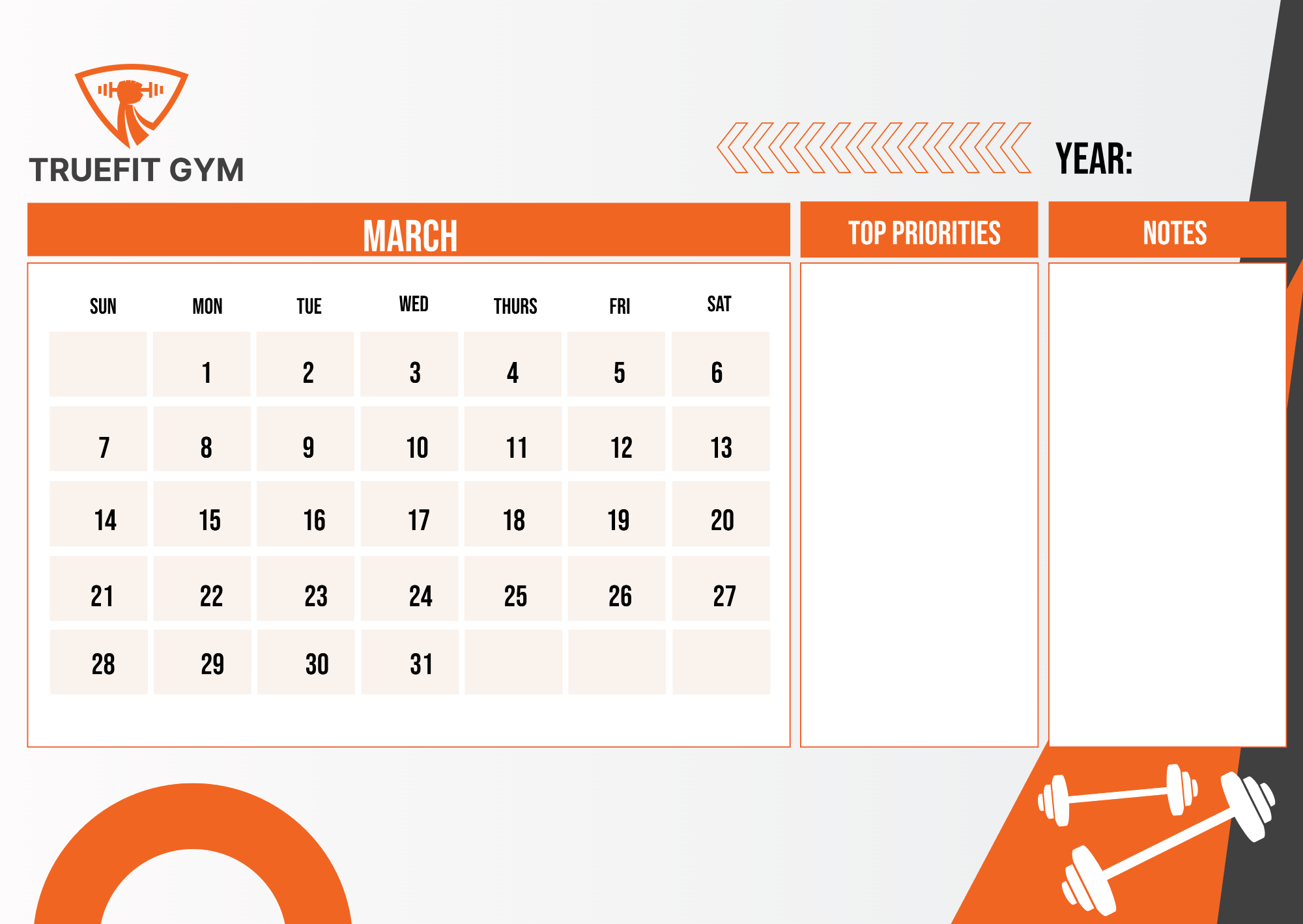 Free Gym Monthly Calendar Template to Edit Online