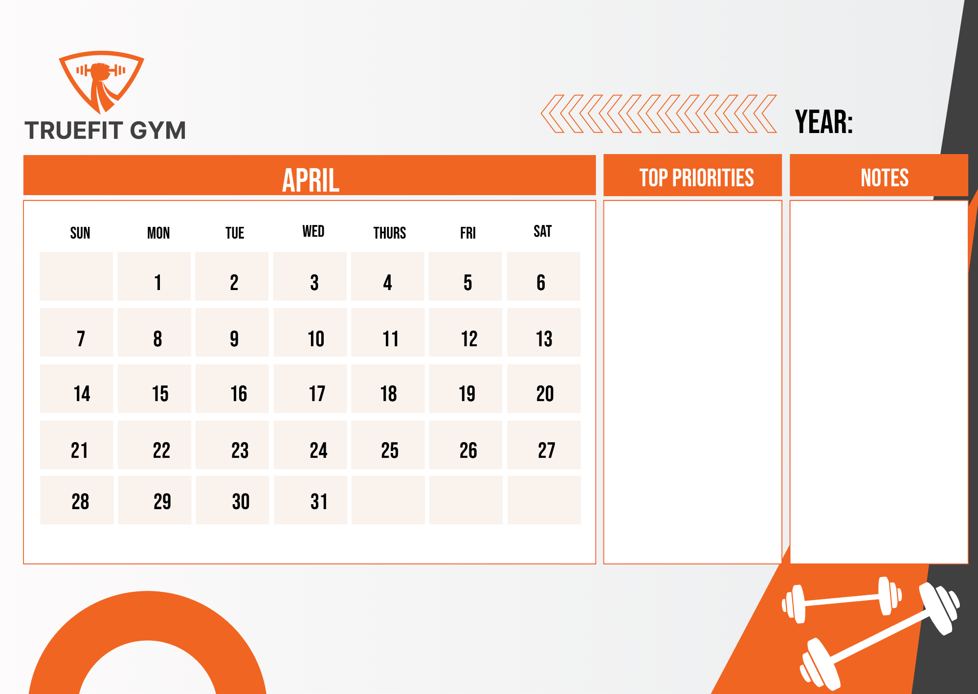 Free Gym Monthly Calendar Template to Edit Online