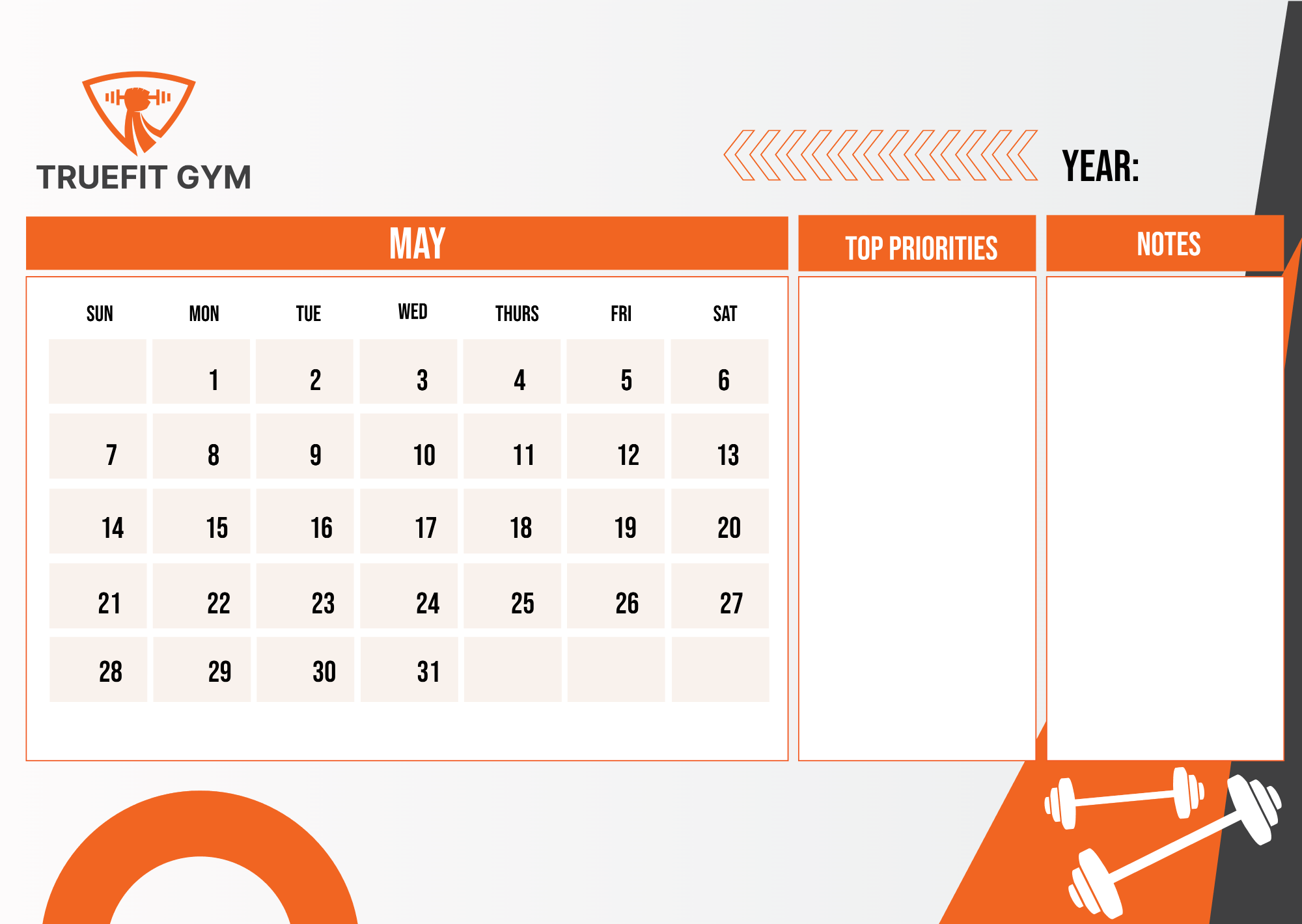Free Gym Monthly Calendar Template to Edit Online