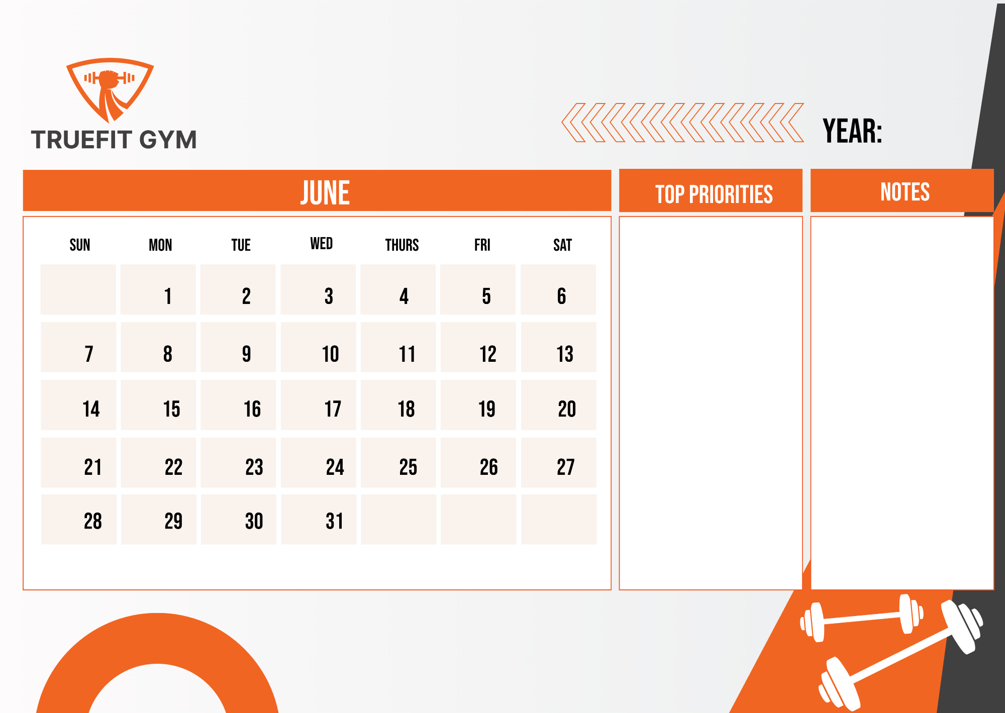 Free Gym Monthly Calendar Template to Edit Online