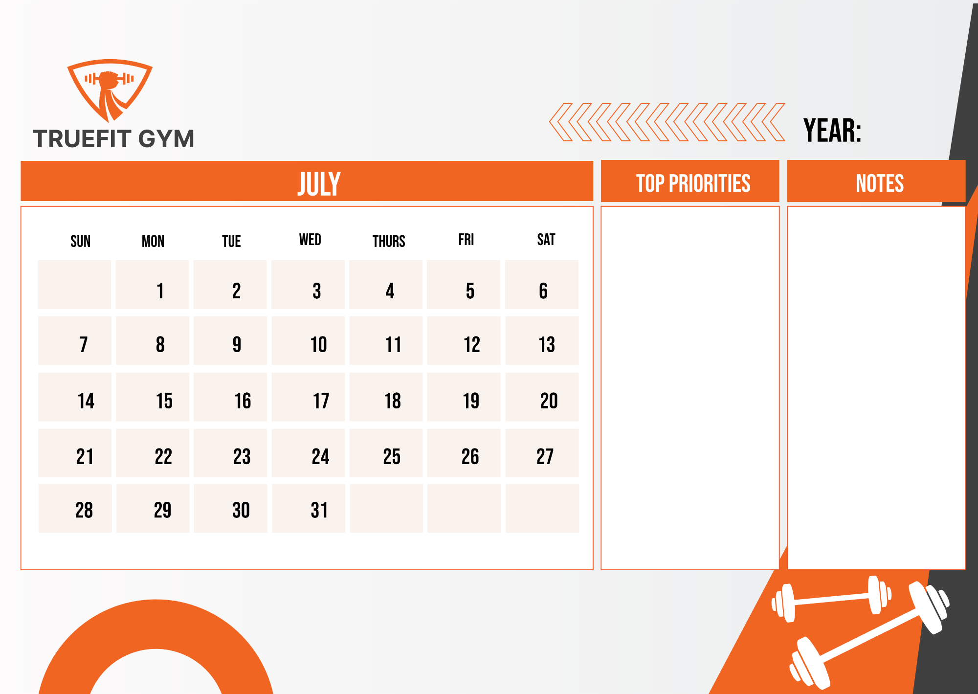 Free Gym Monthly Calendar Template to Edit Online