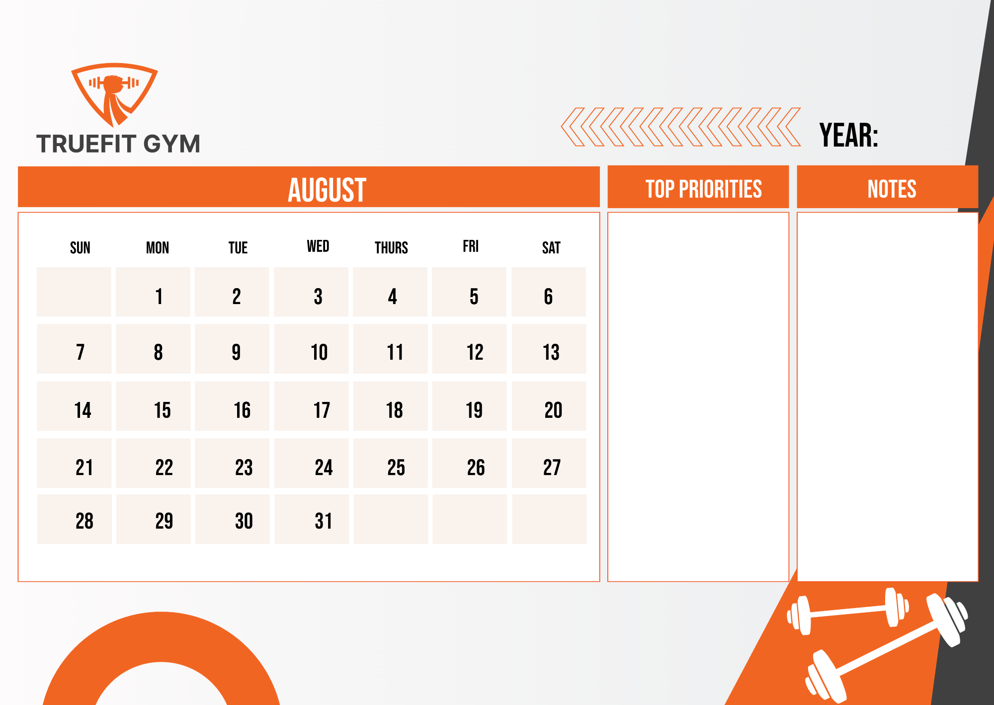 Free Gym Monthly Calendar Template to Edit Online