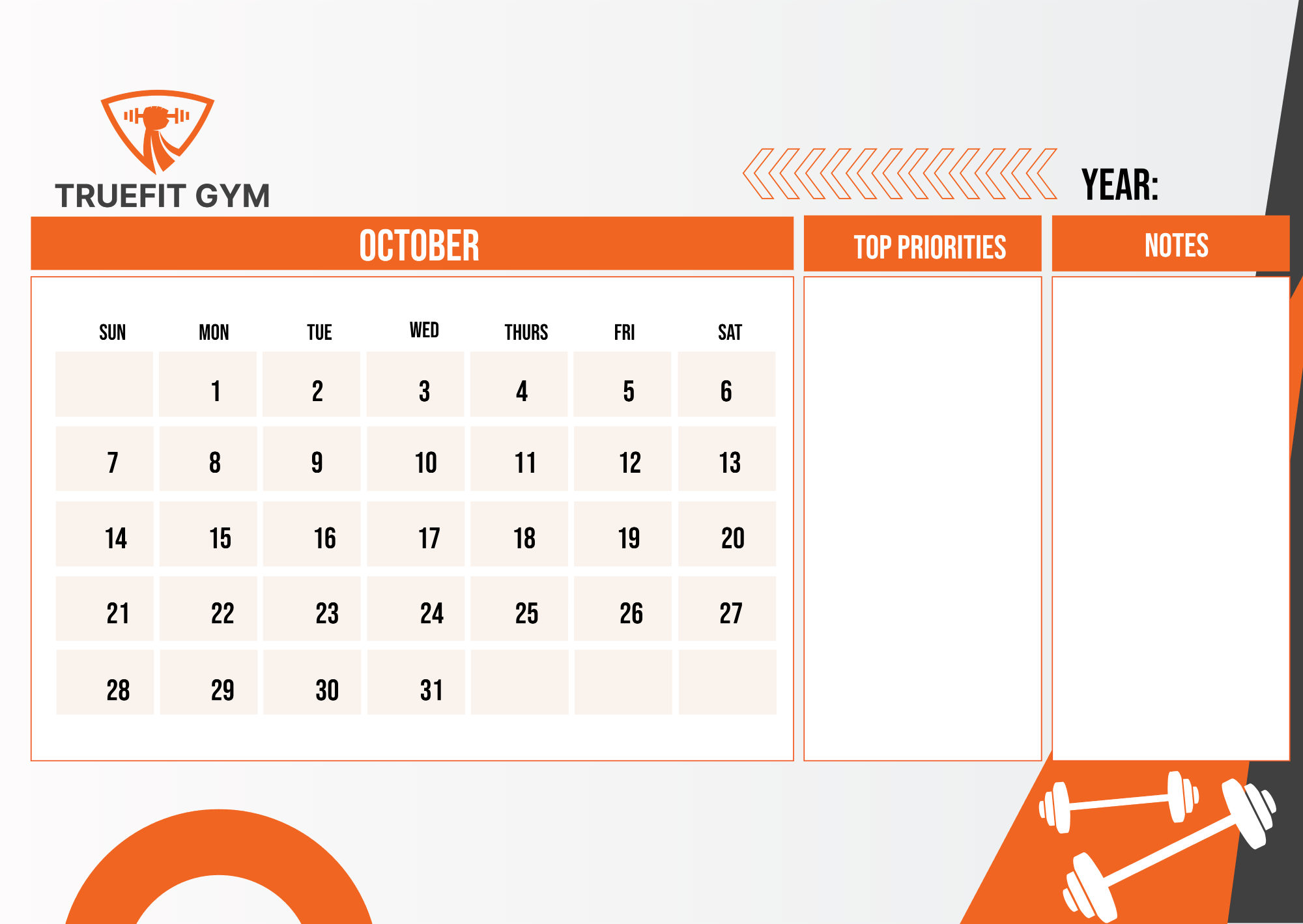 Free Gym Monthly Calendar Template to Edit Online