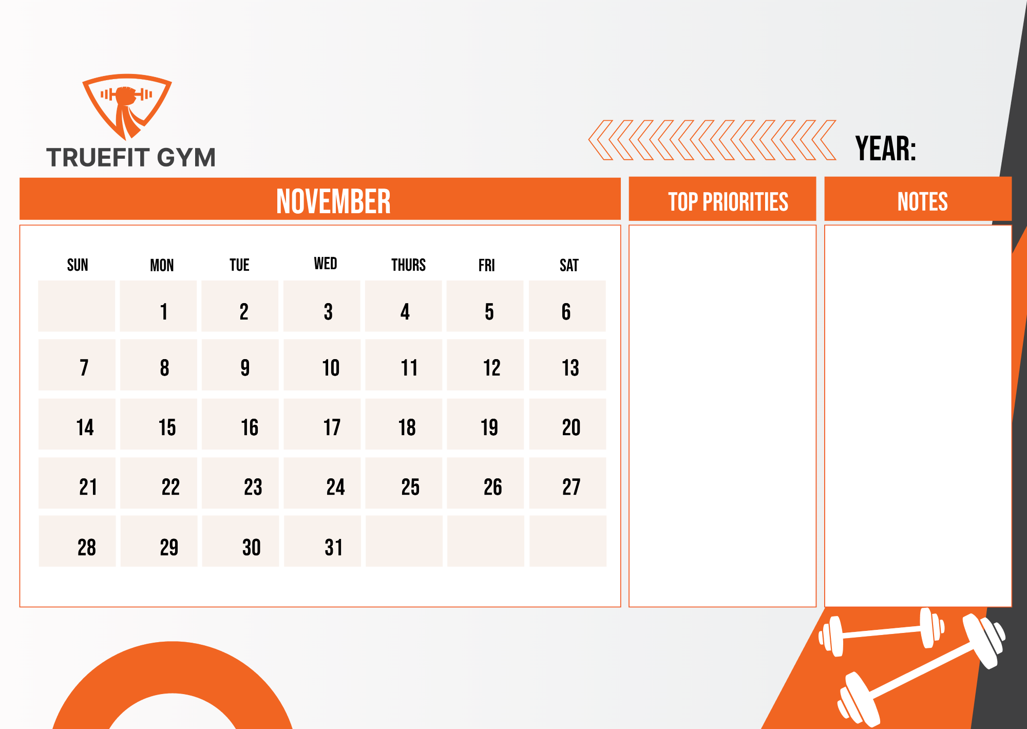 Free Gym Monthly Calendar Template to Edit Online
