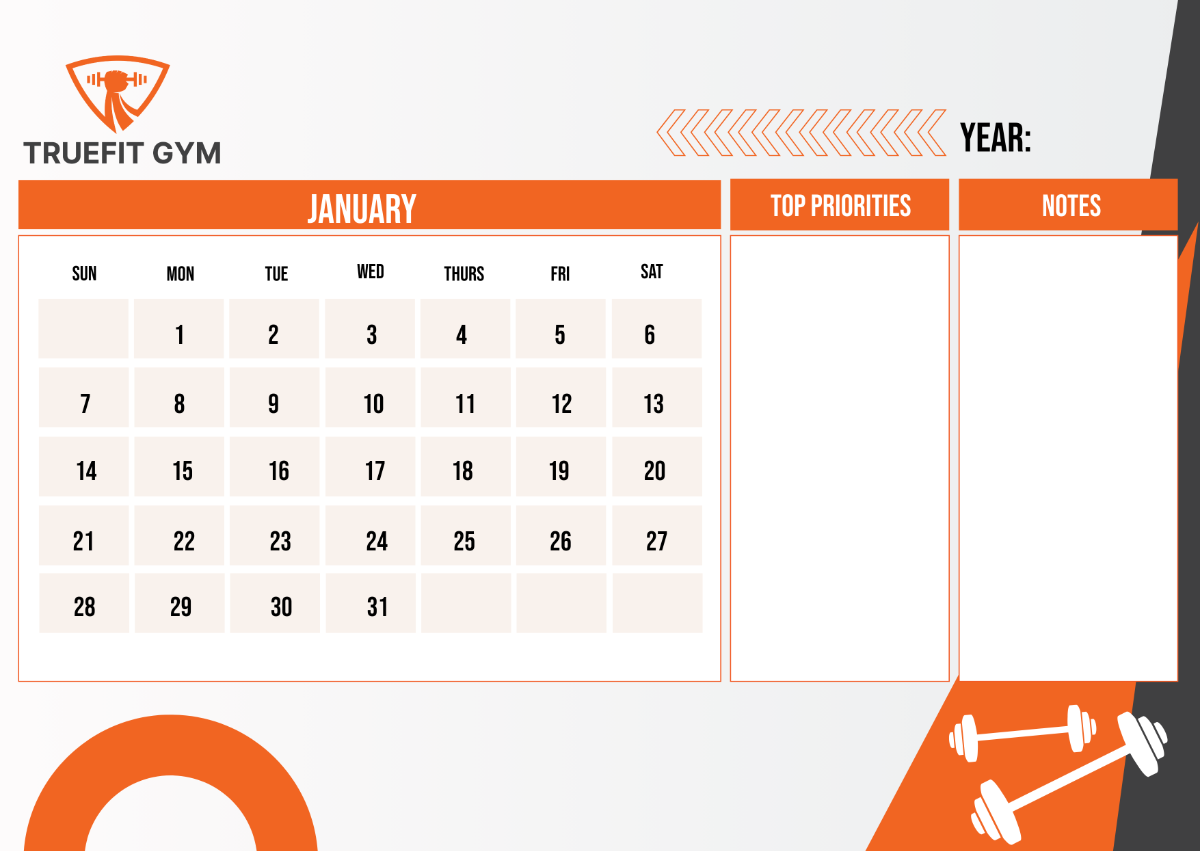 Gym Monthly Calendar