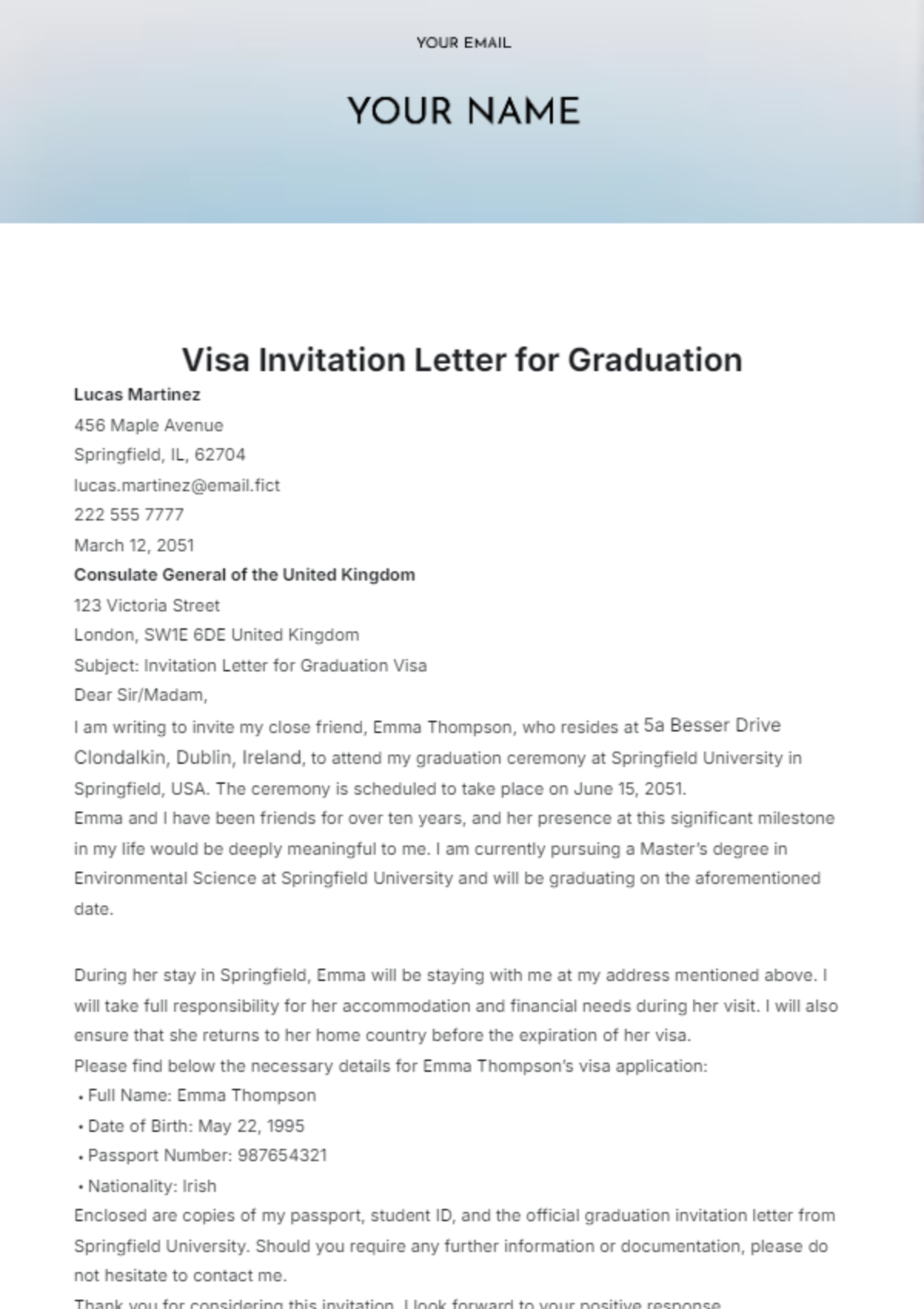 Visa Invitation Letter for Graduation Template