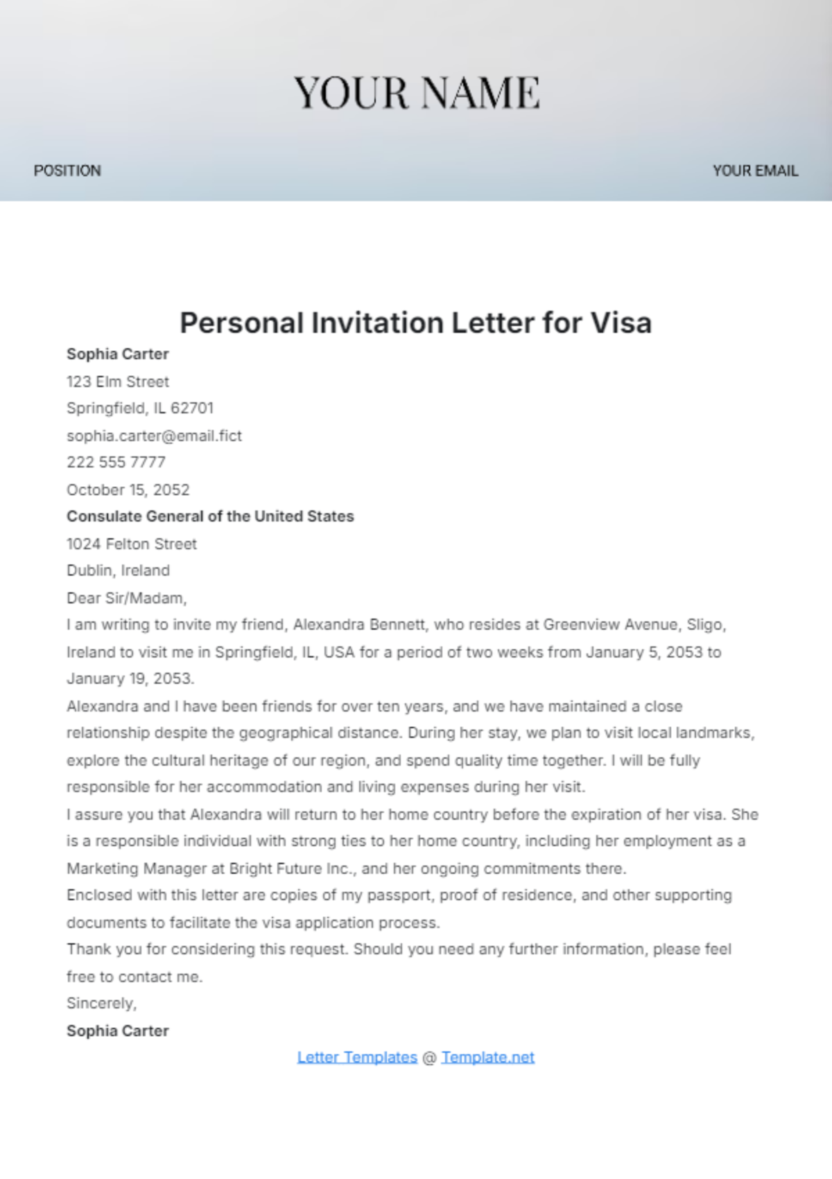 Personal Invitation Letter for Visa Template