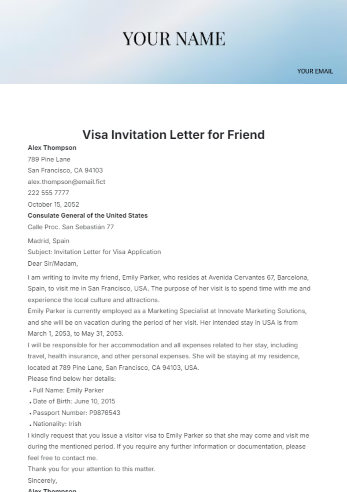 Visa Invitation Letter for Friend Template