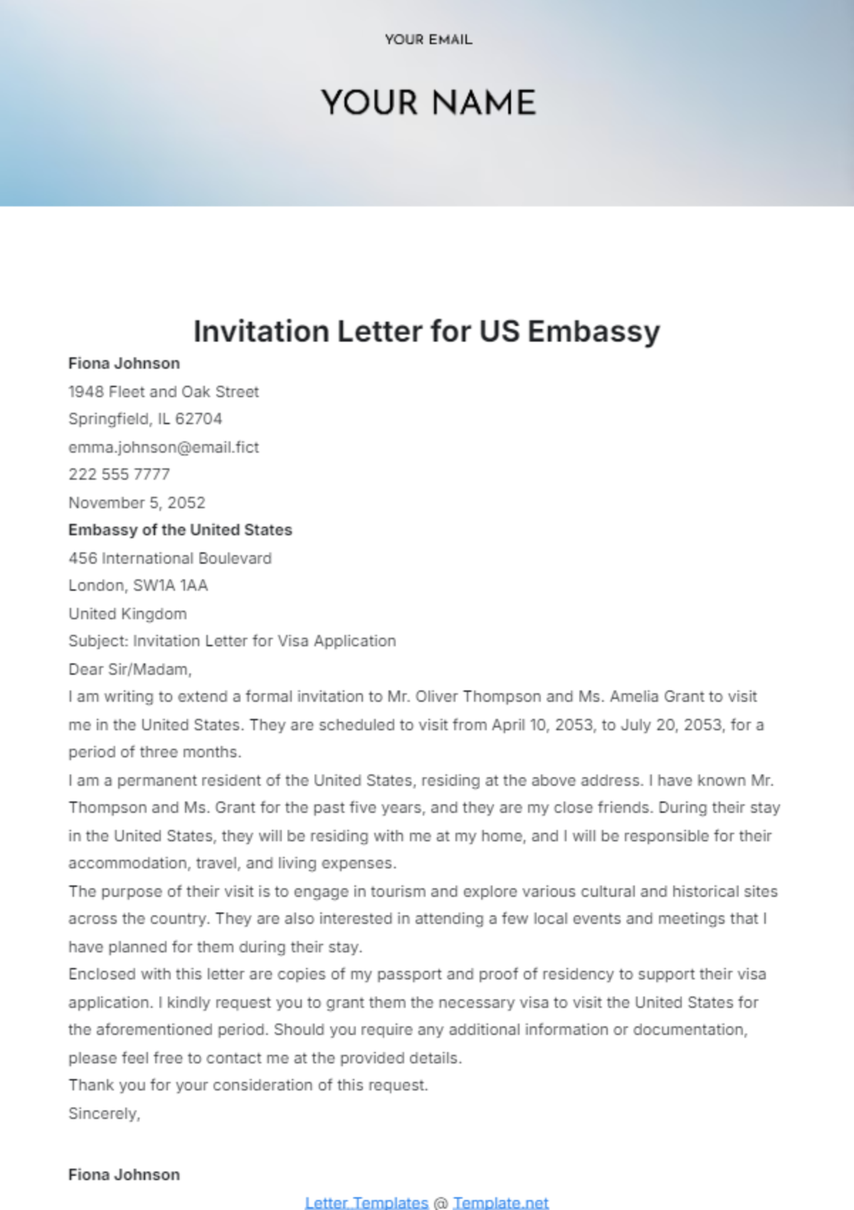 Invitation Letter for US Embassy Template