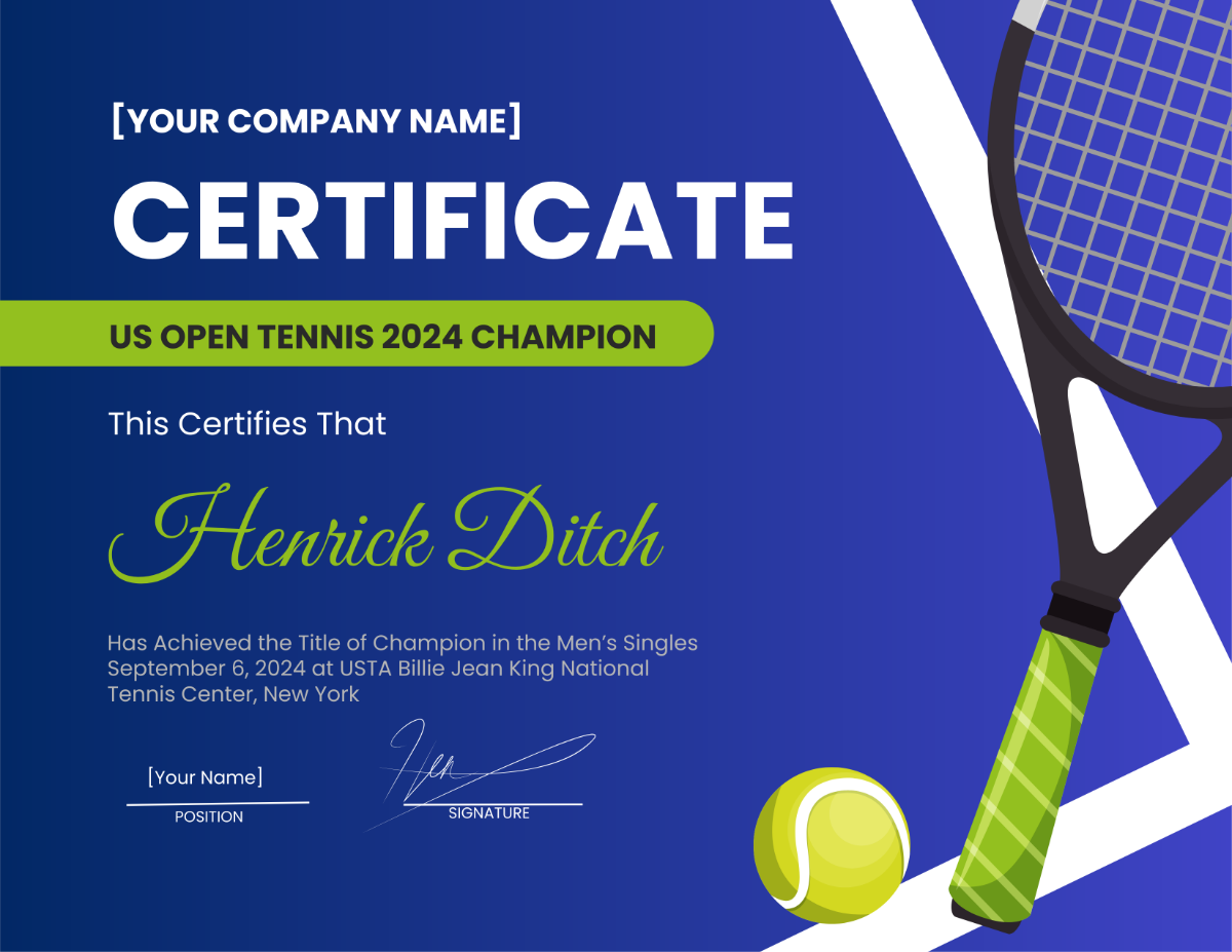 US Open Tennis Champion Certificate