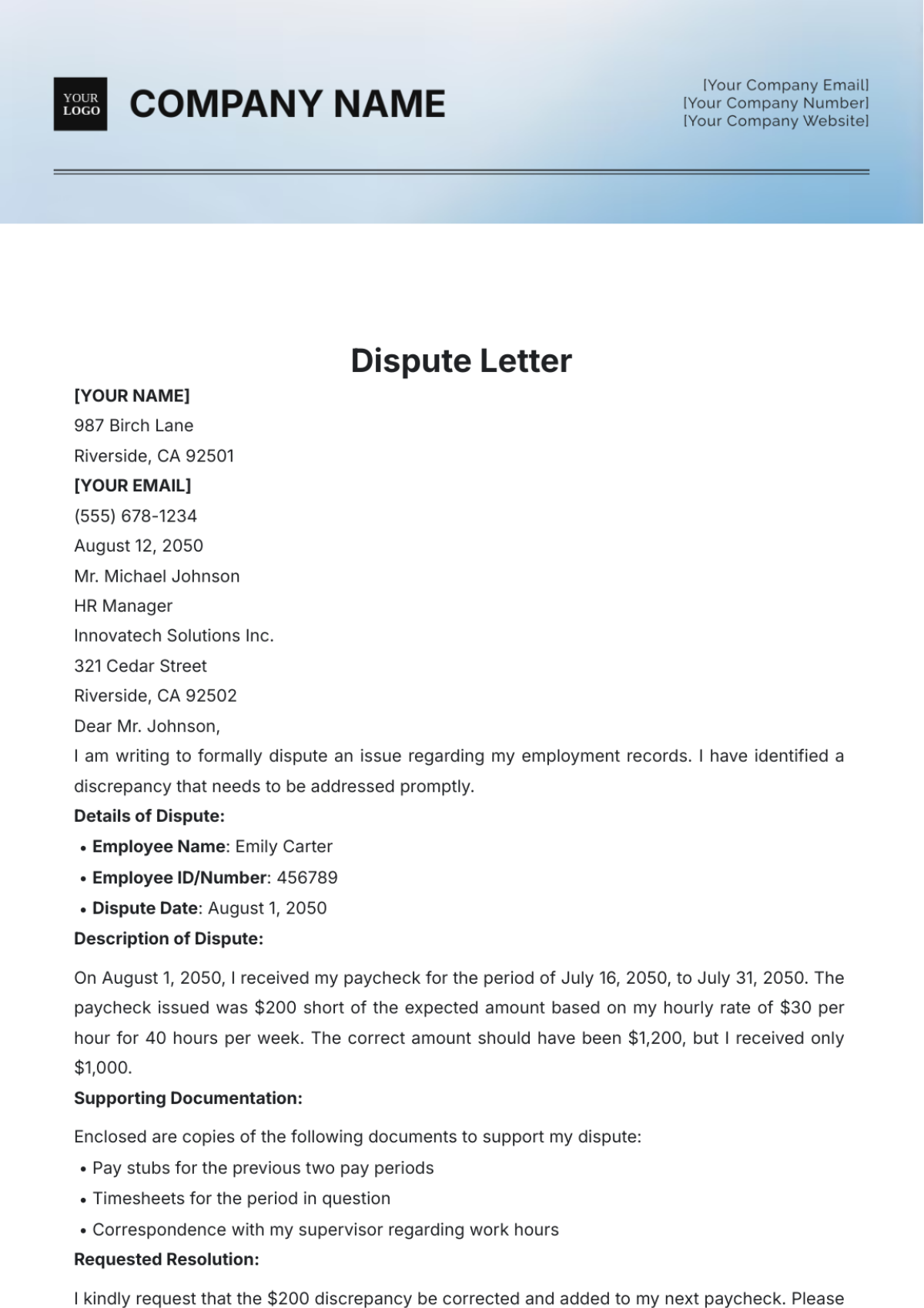 Dispute Letter Template