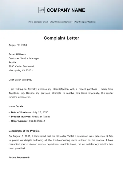 Free Complaint Letter Example to Edit Online