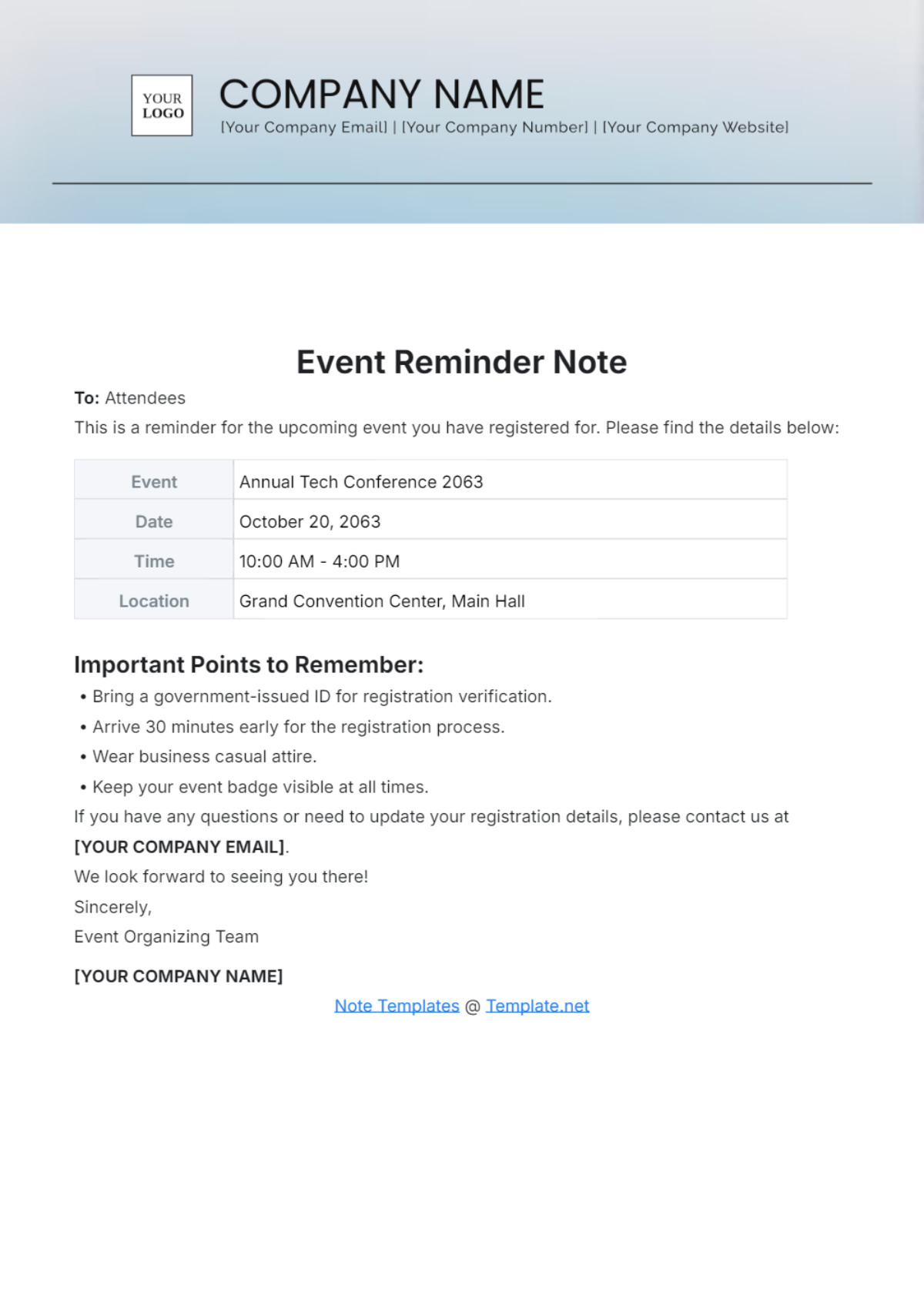 Event Reminder Note Template