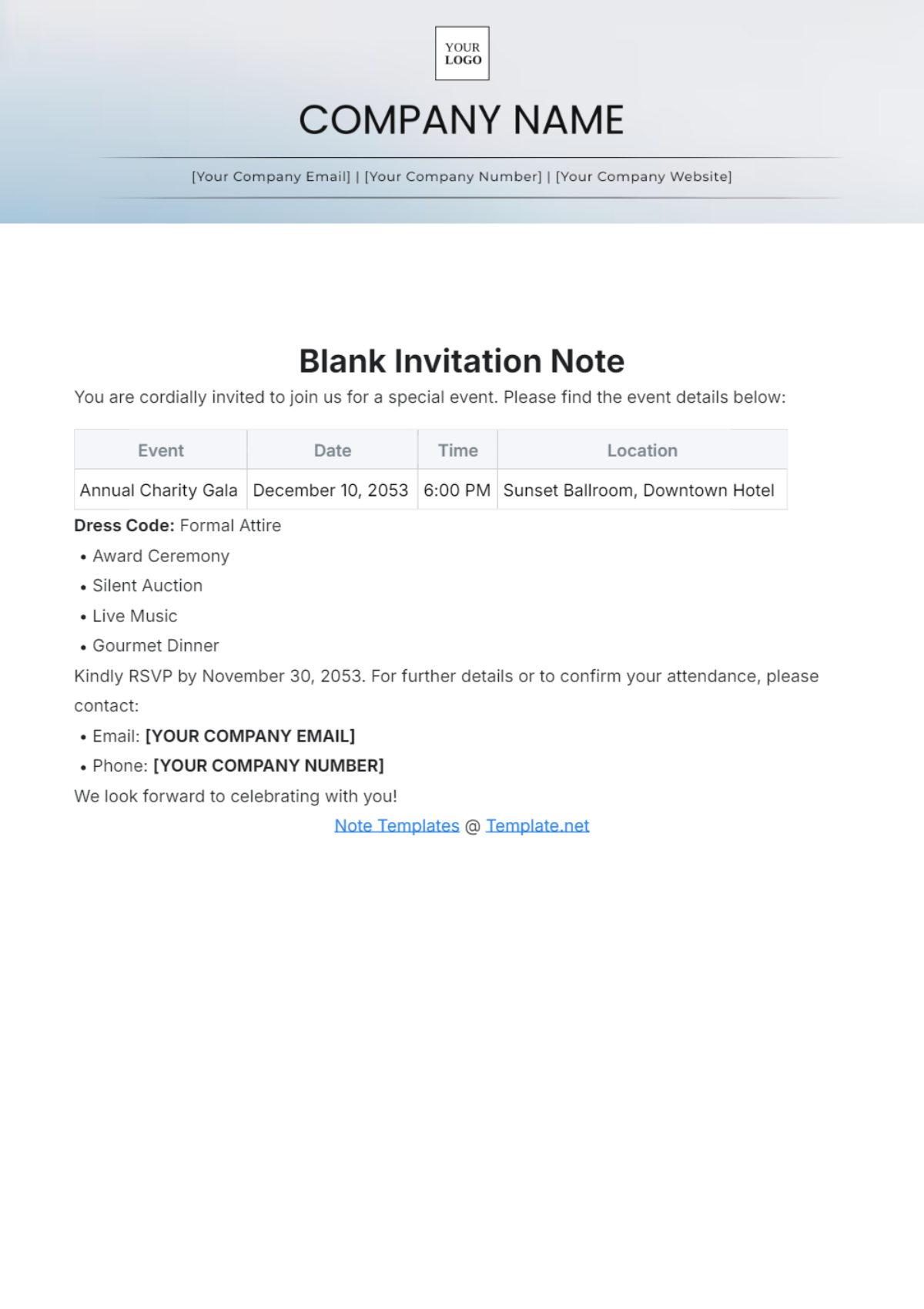 Blank Invitation Note Template