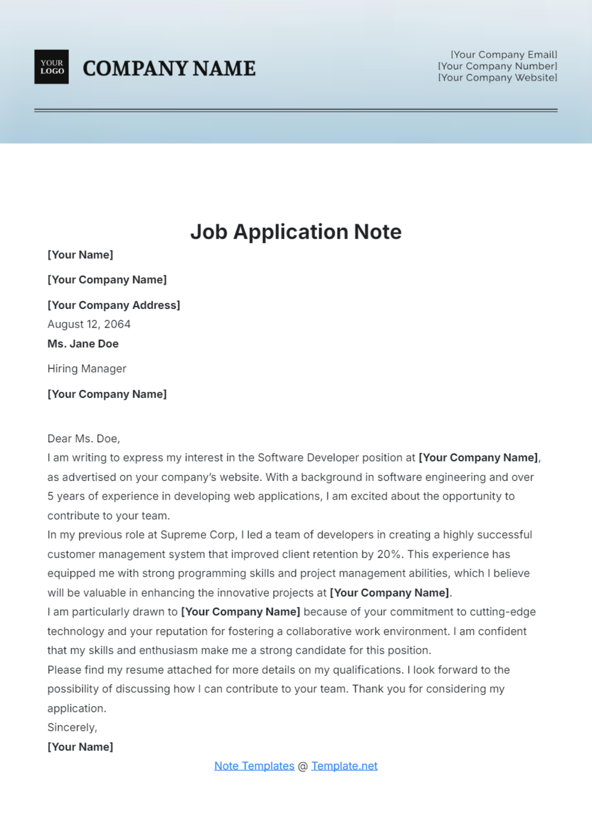 Job Application Note Template