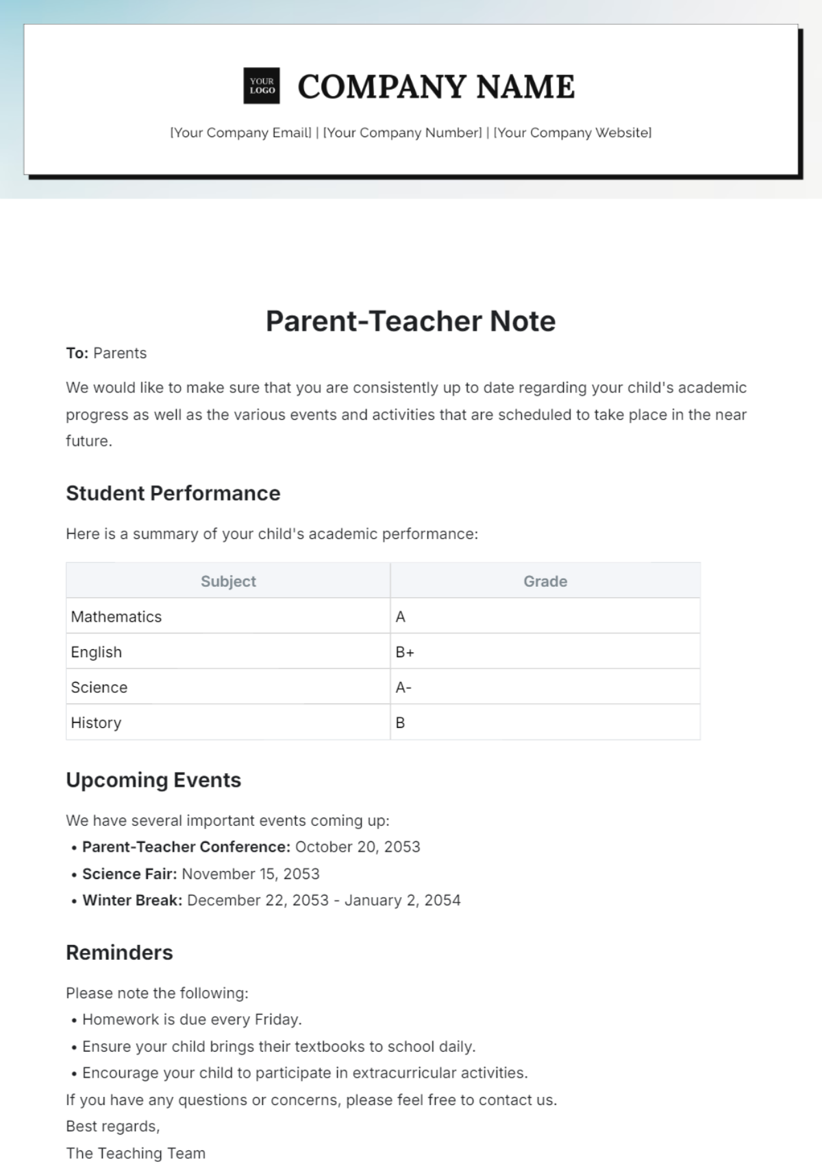 Parent Teacher Note Template