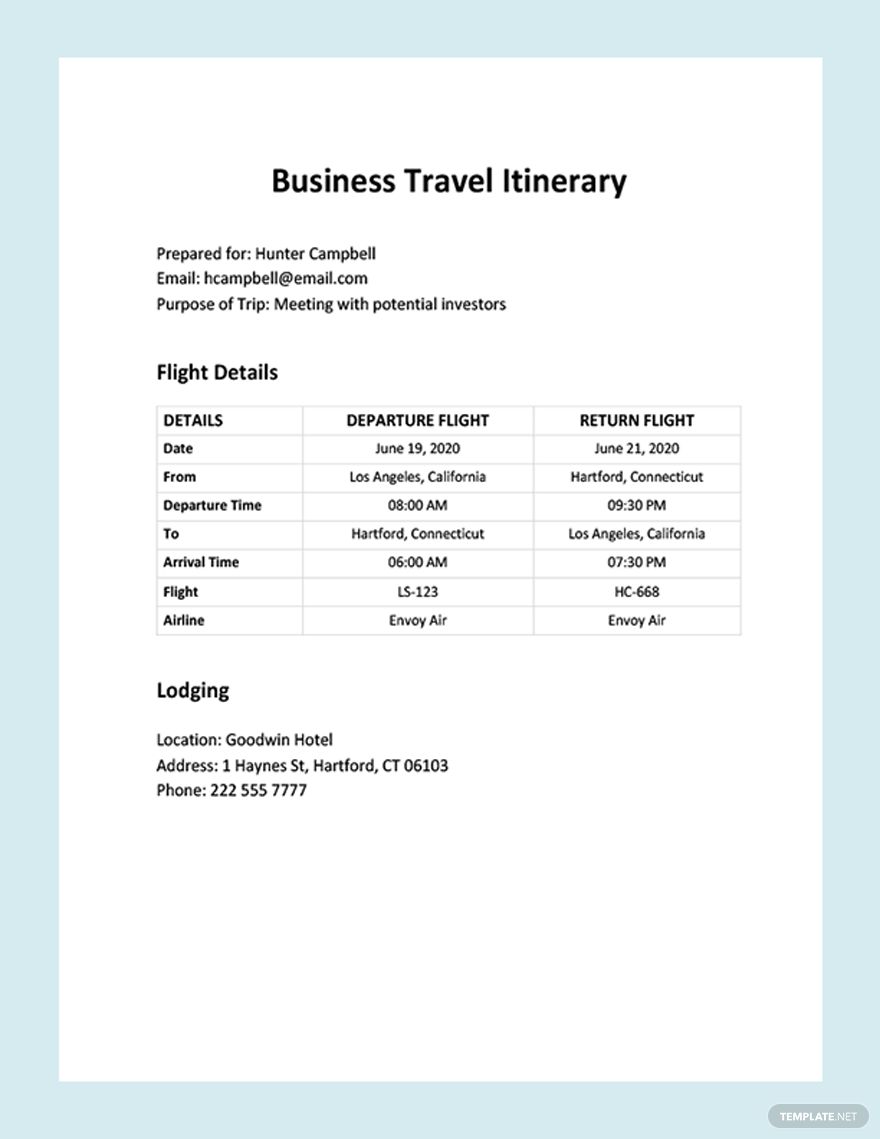 Free Sample Business Travel Itinerary Template