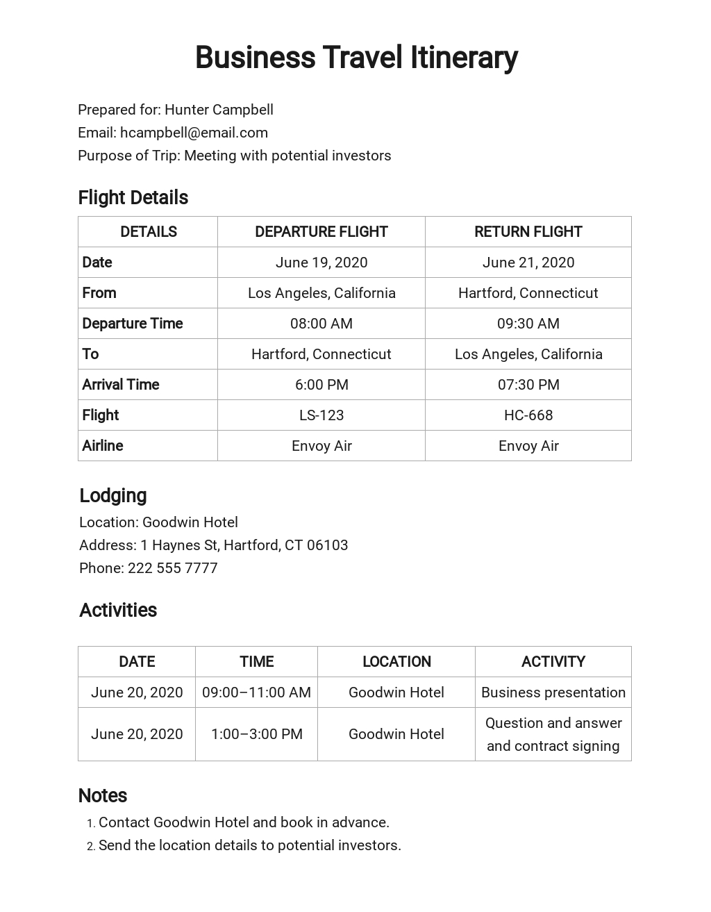 FREE Business Travel Itinerary Format Template - Word (DOC) | Excel ...