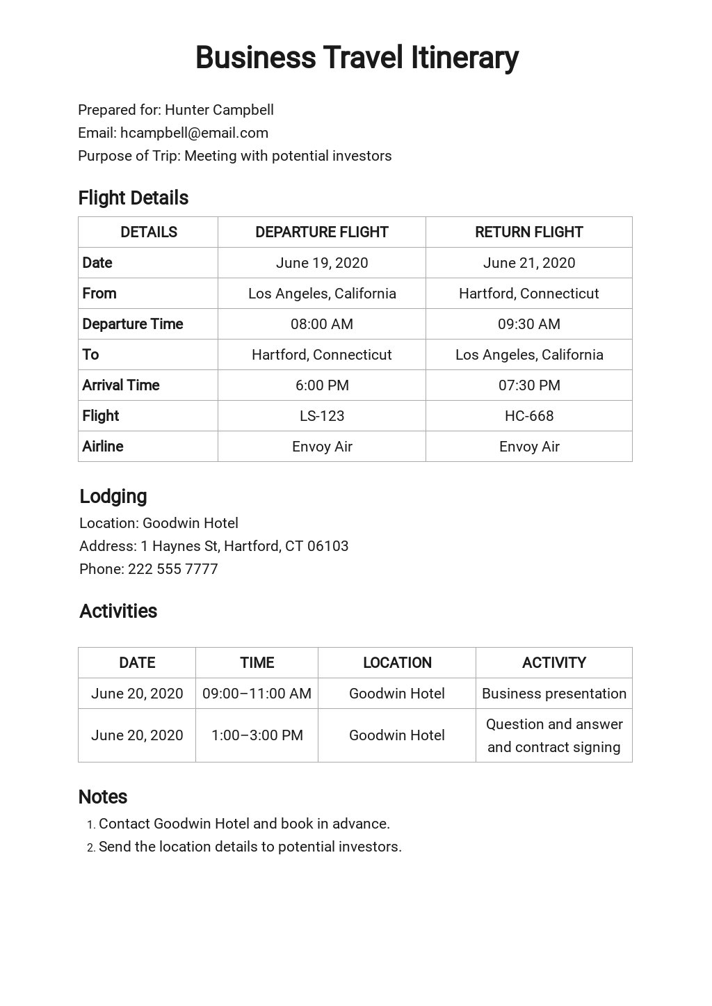 business travel itinerary sample