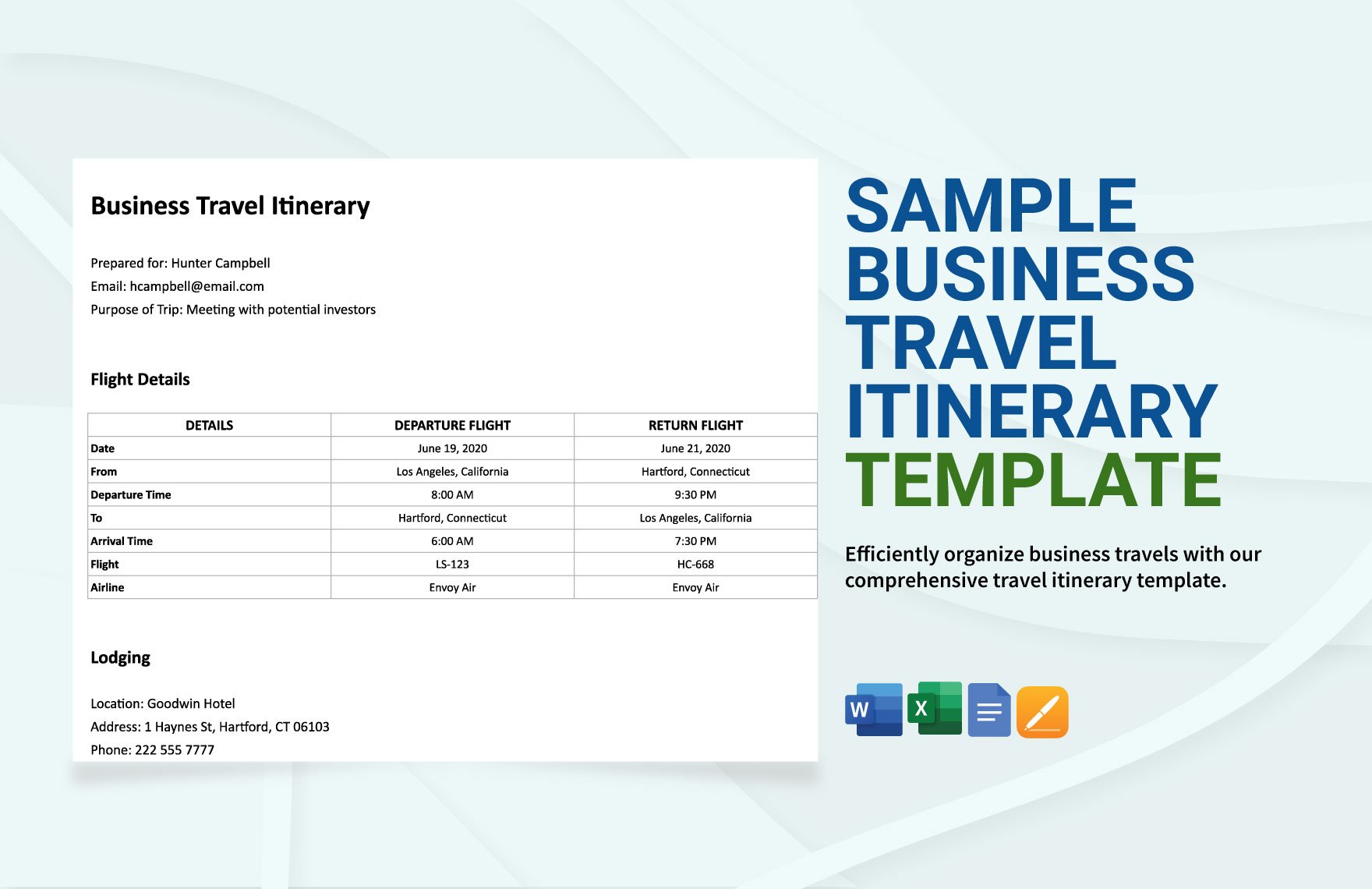 Free Sample Business Travel Itinerary Template in Word, Google Docs, Google Sheets, Apple Pages