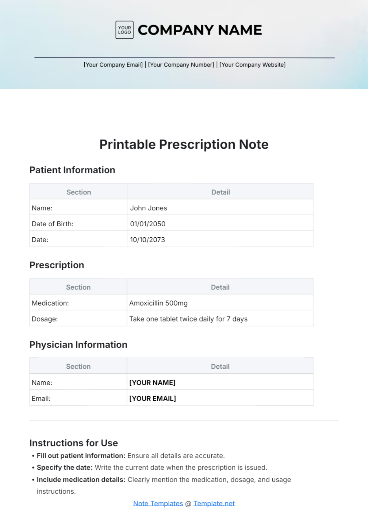 Printable Prescription Note Template