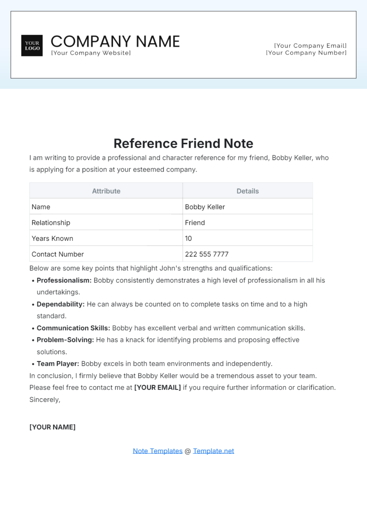 Reference Friend Note Template