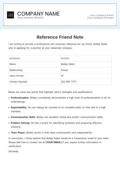 Free Reference Friend Note Template to Edit Online