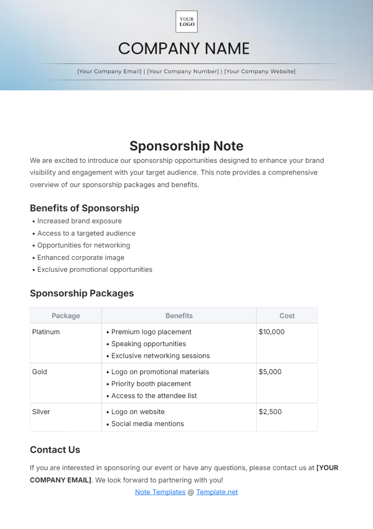 Sponsorship Note Template