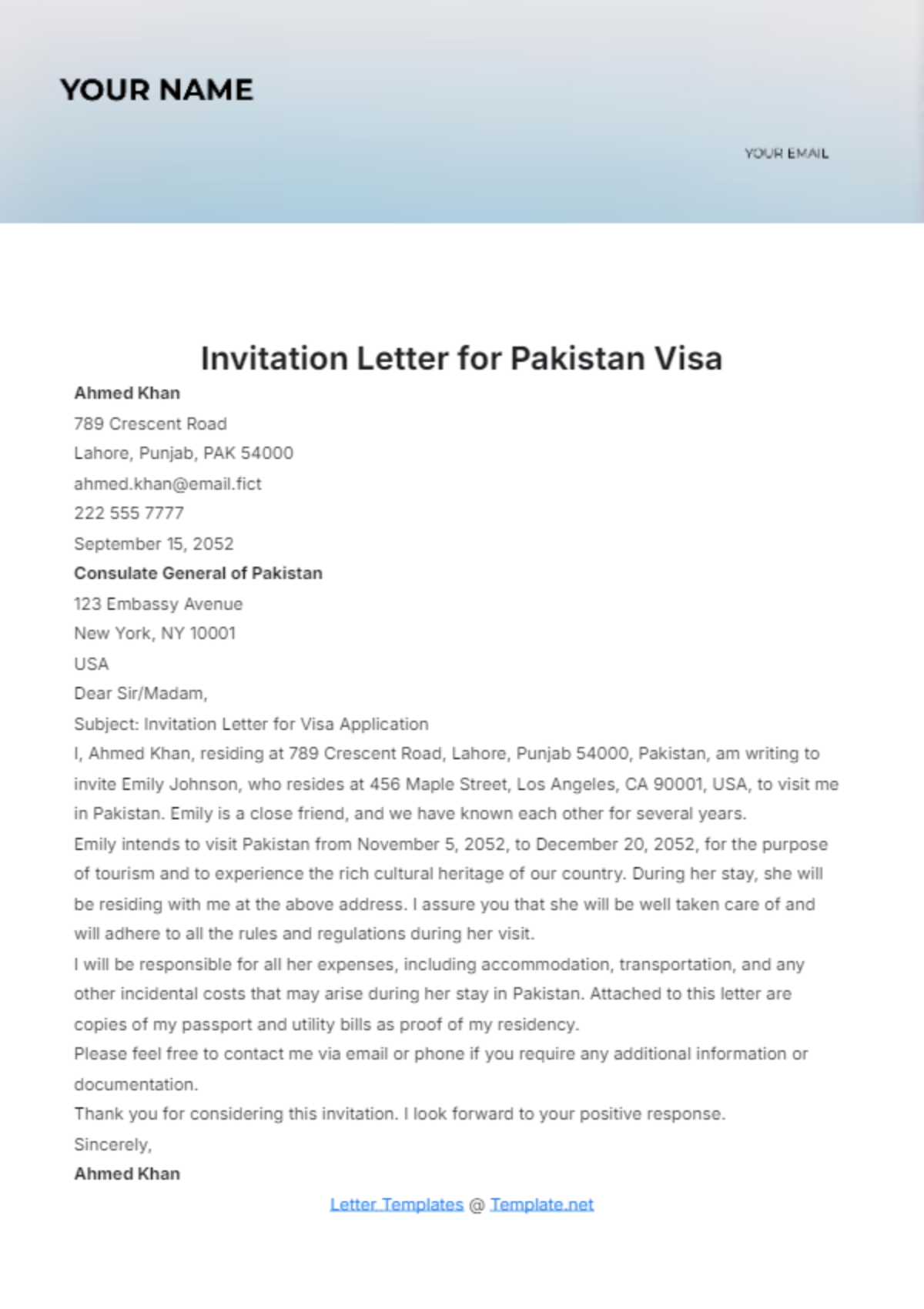 Invitation Letter for Pakistan Visa Template