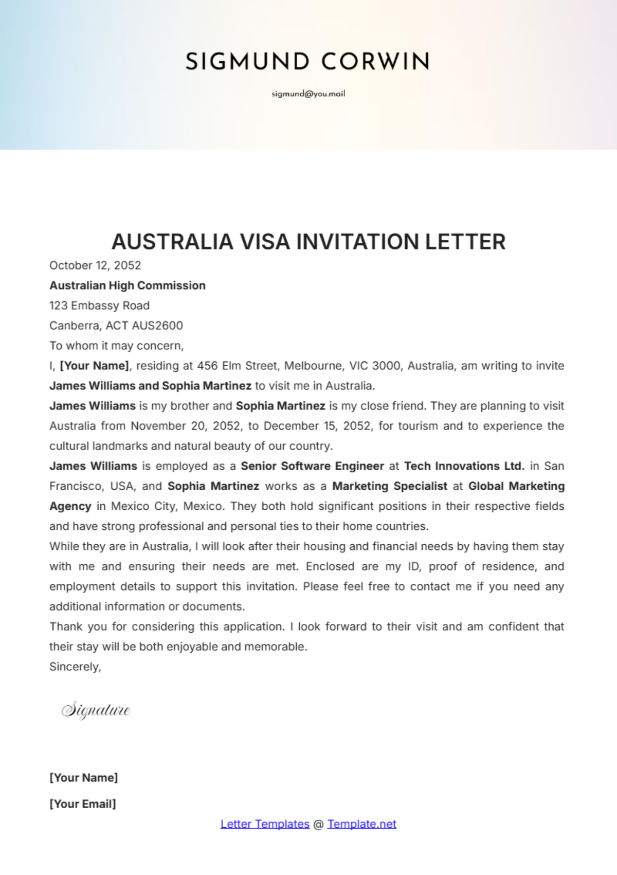 Australia Visa Invitation Letter Template - Edit Online & Download