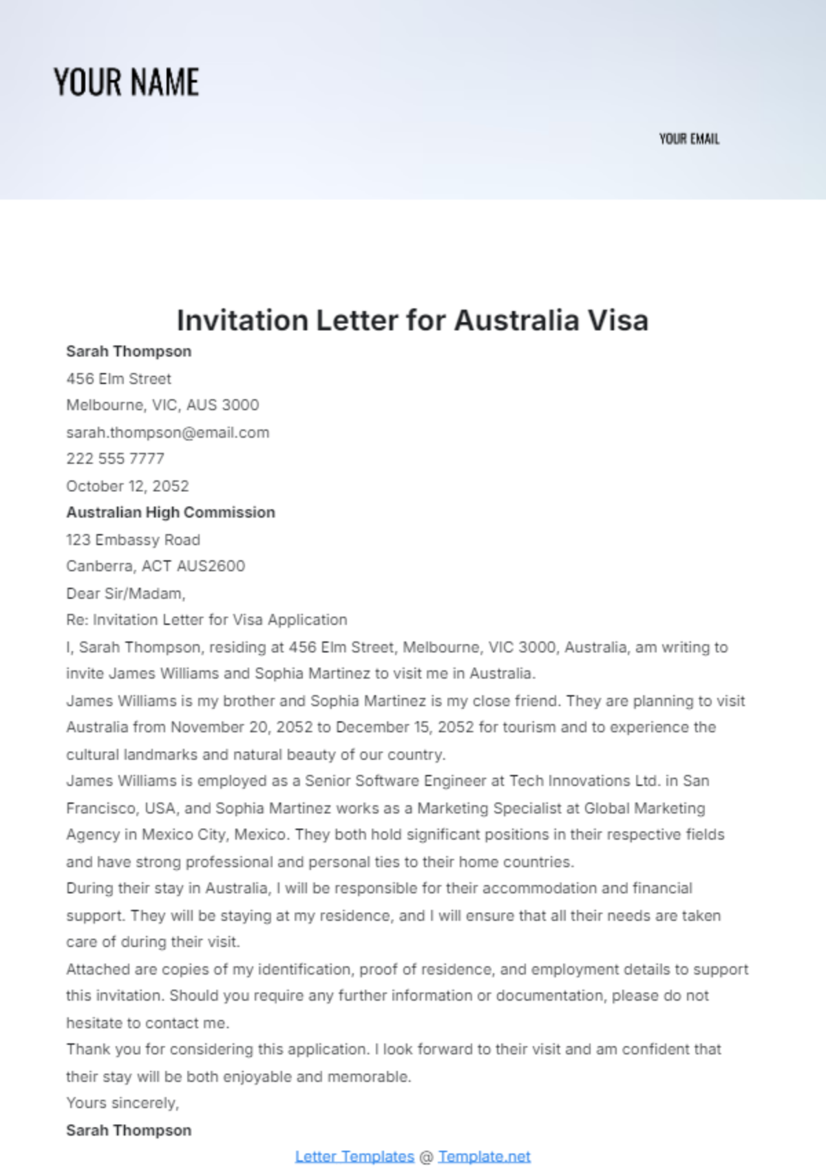 Invitation Letter for Australia Visa Template