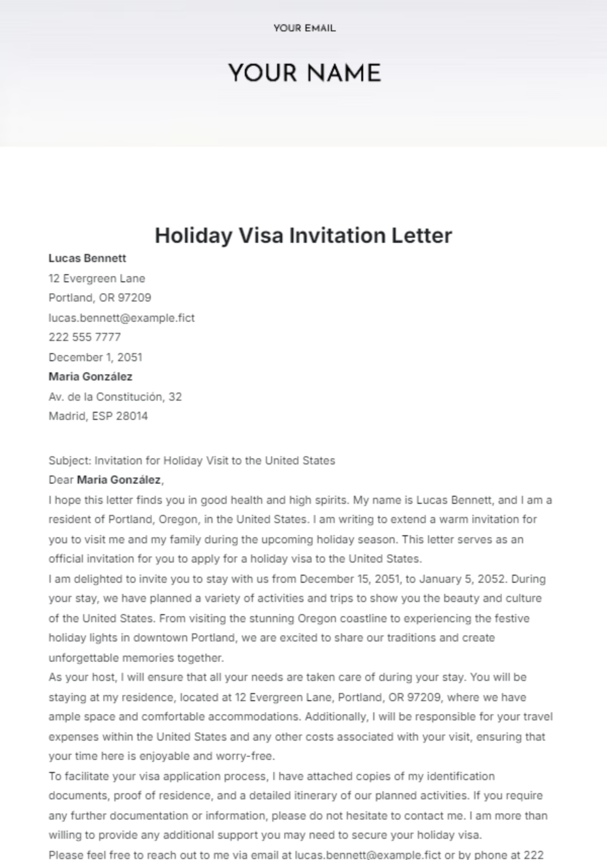 Holiday Visa Invitation Letter Template