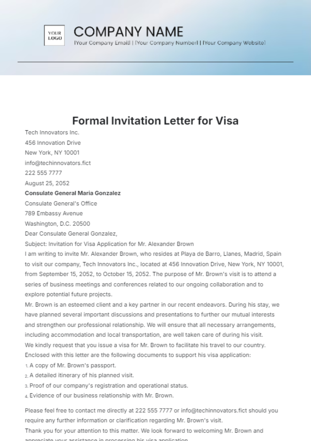 Formal Invitation Letter for Visa Template