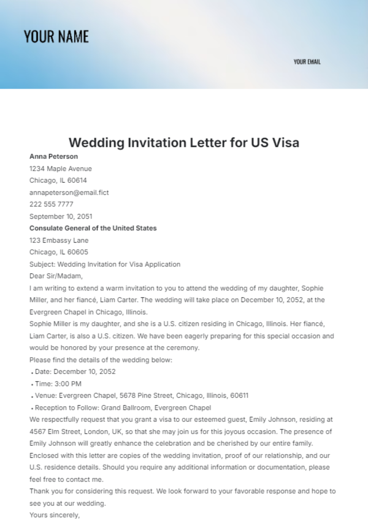 Wedding Invitation Letter for US Visa Template