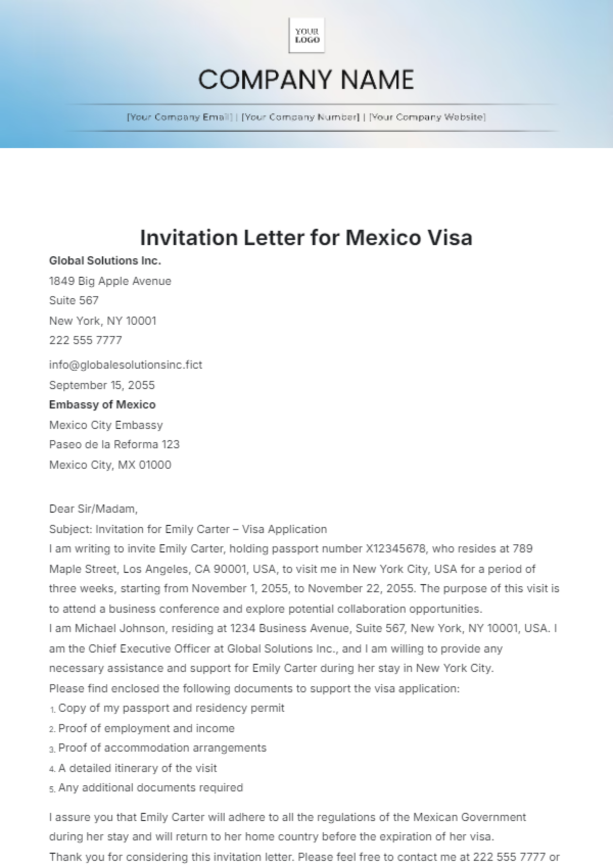 Invitation Letter for Mexico Visa Template