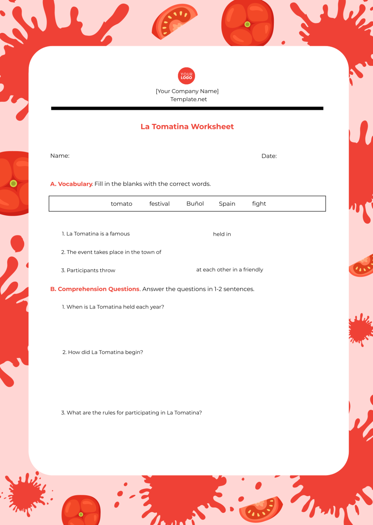 La Tomatina Worksheet Template - Edit Online & Download