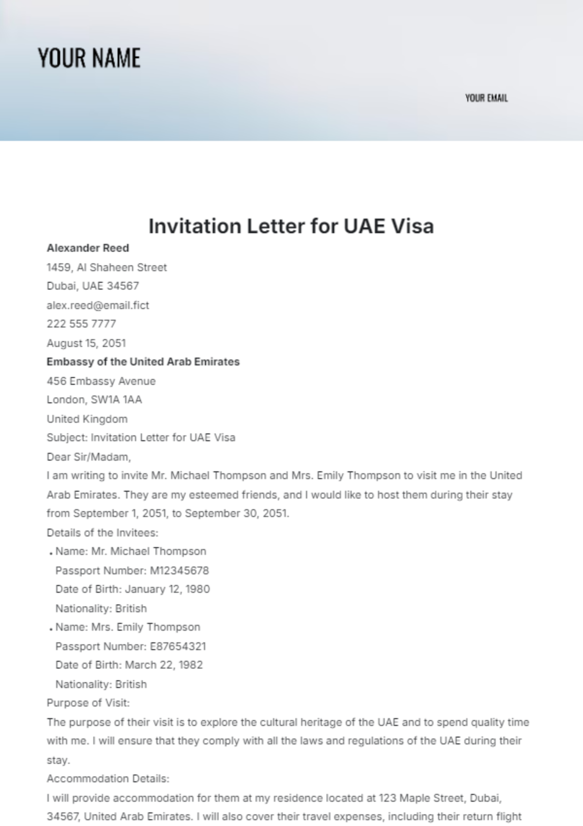 Invitation Letter for UAE Visa Template