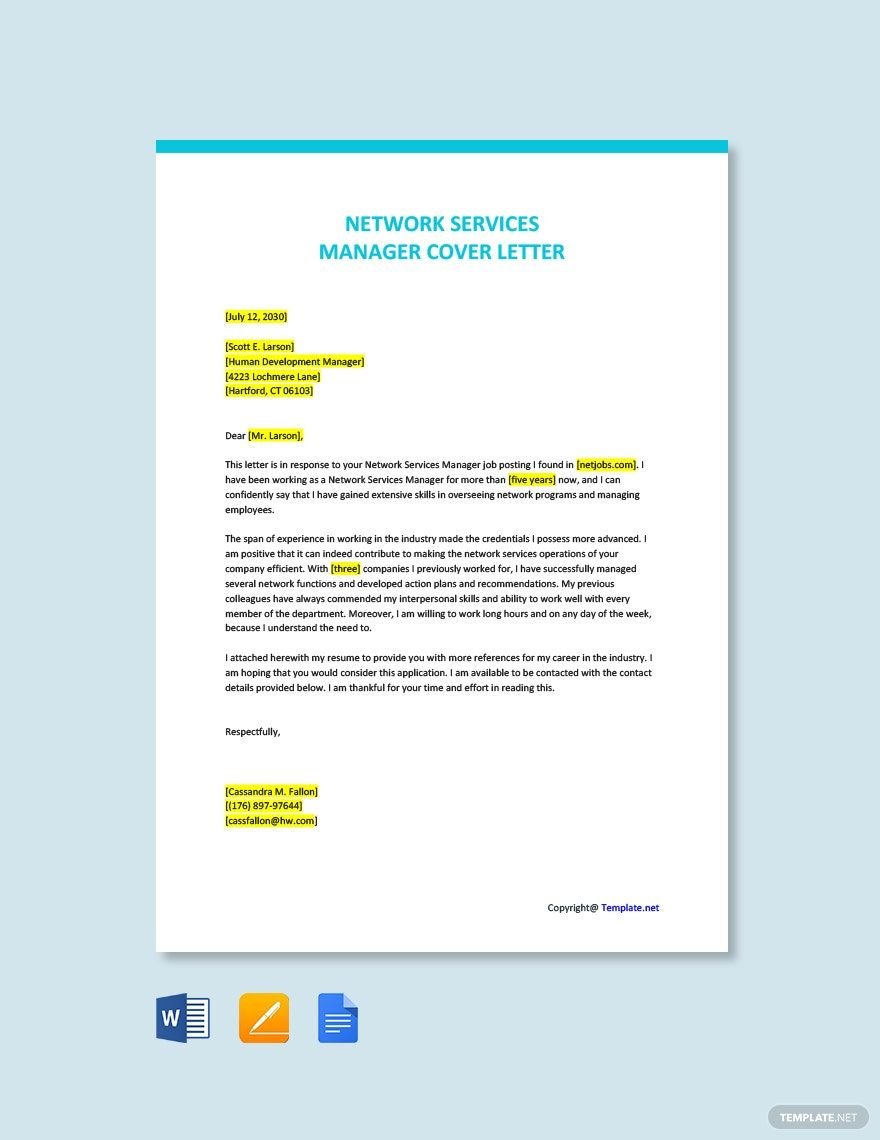 Free Network Services Manager Cover Letter Template