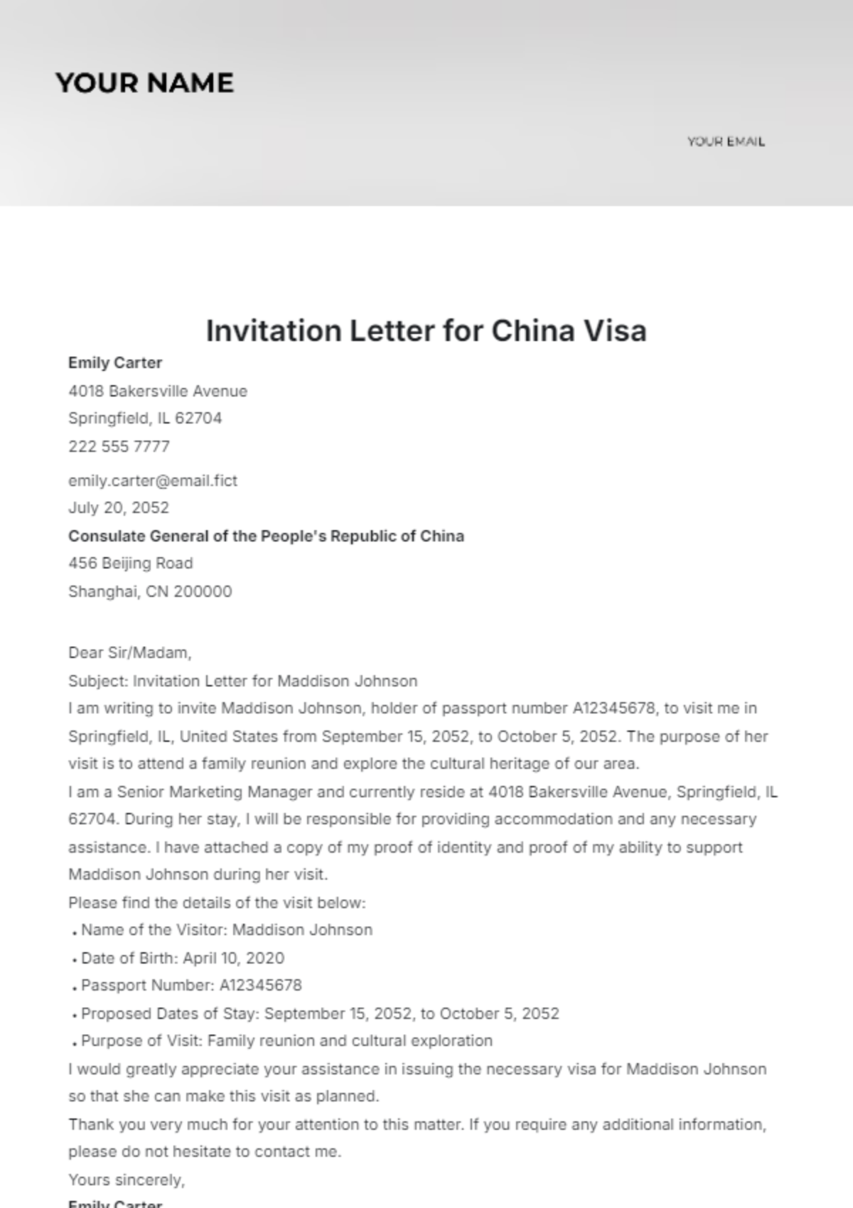 Invitation Letter for China Visa Template