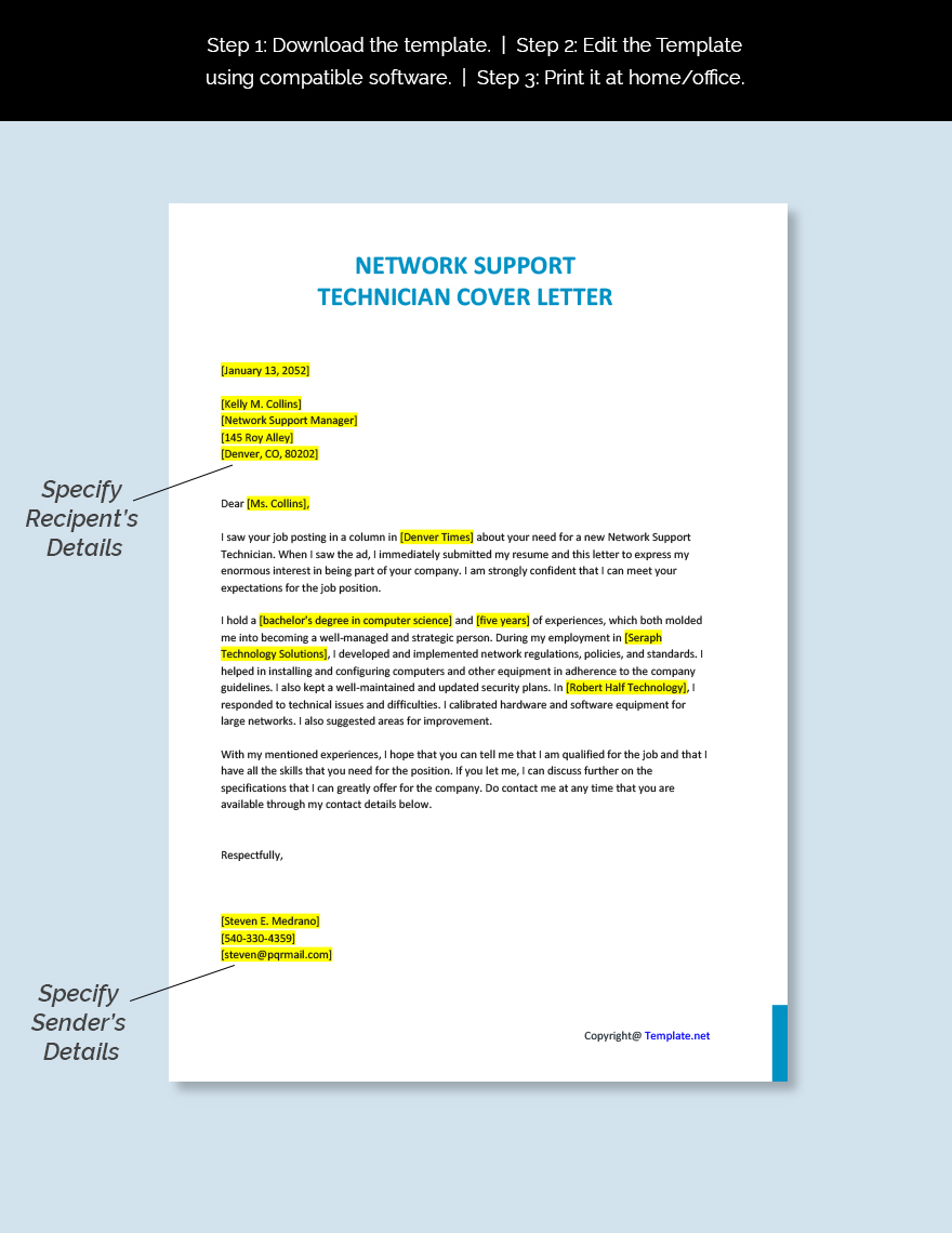 Network Support Technician Cover Letter Template
