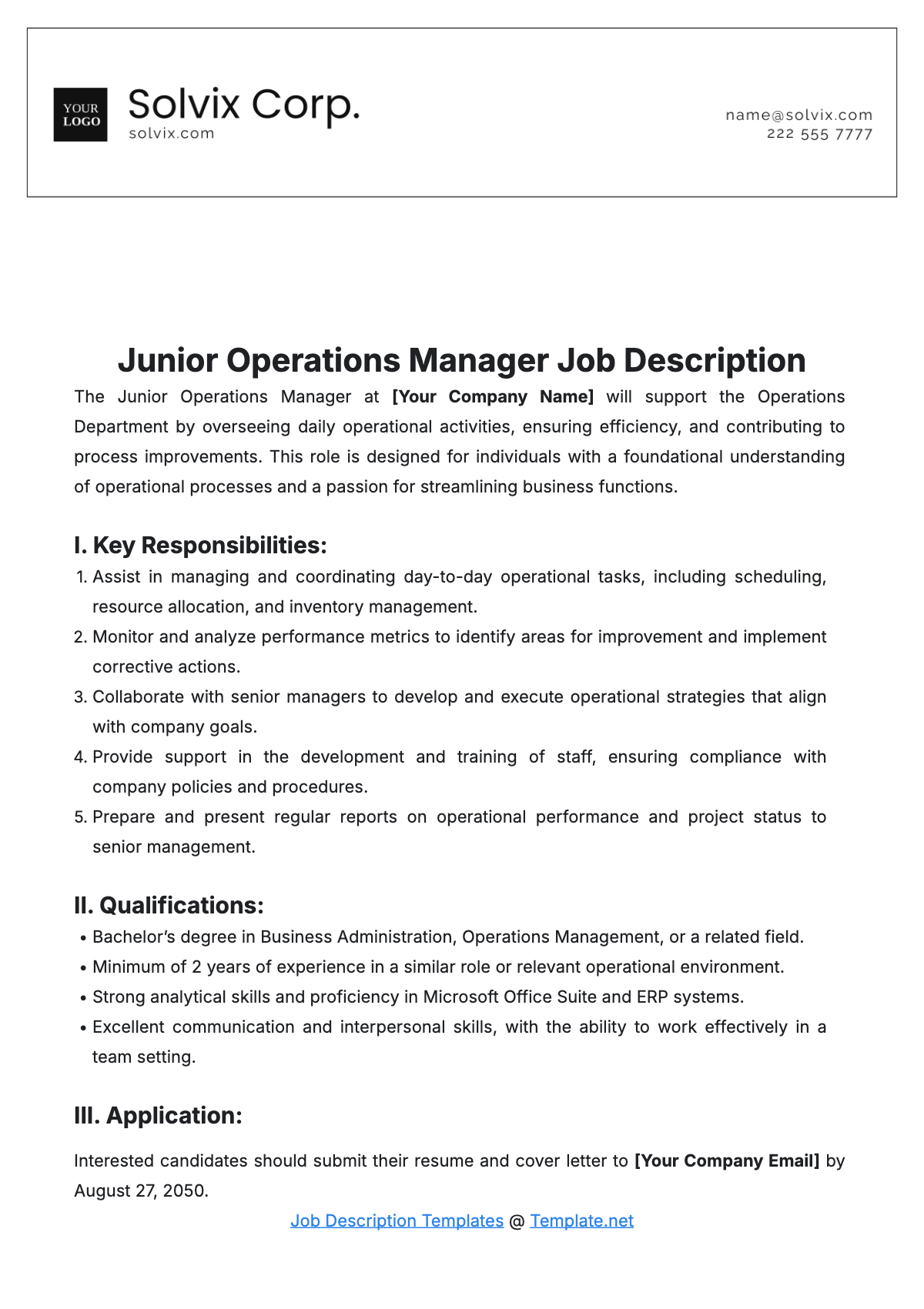 Junior Operations Manager Job Description Template - Edit Online & Download