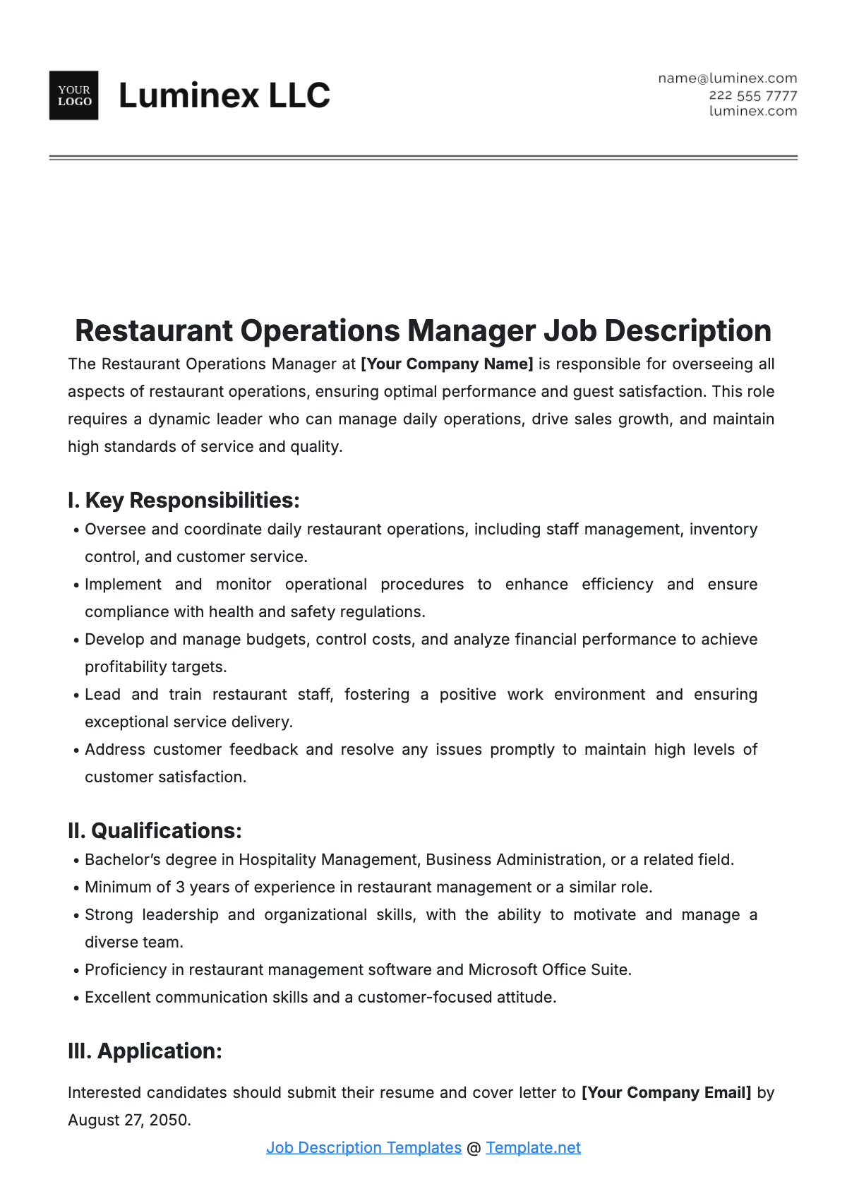 Restaurant Operations Manager Job Description Template - Edit Online & Download