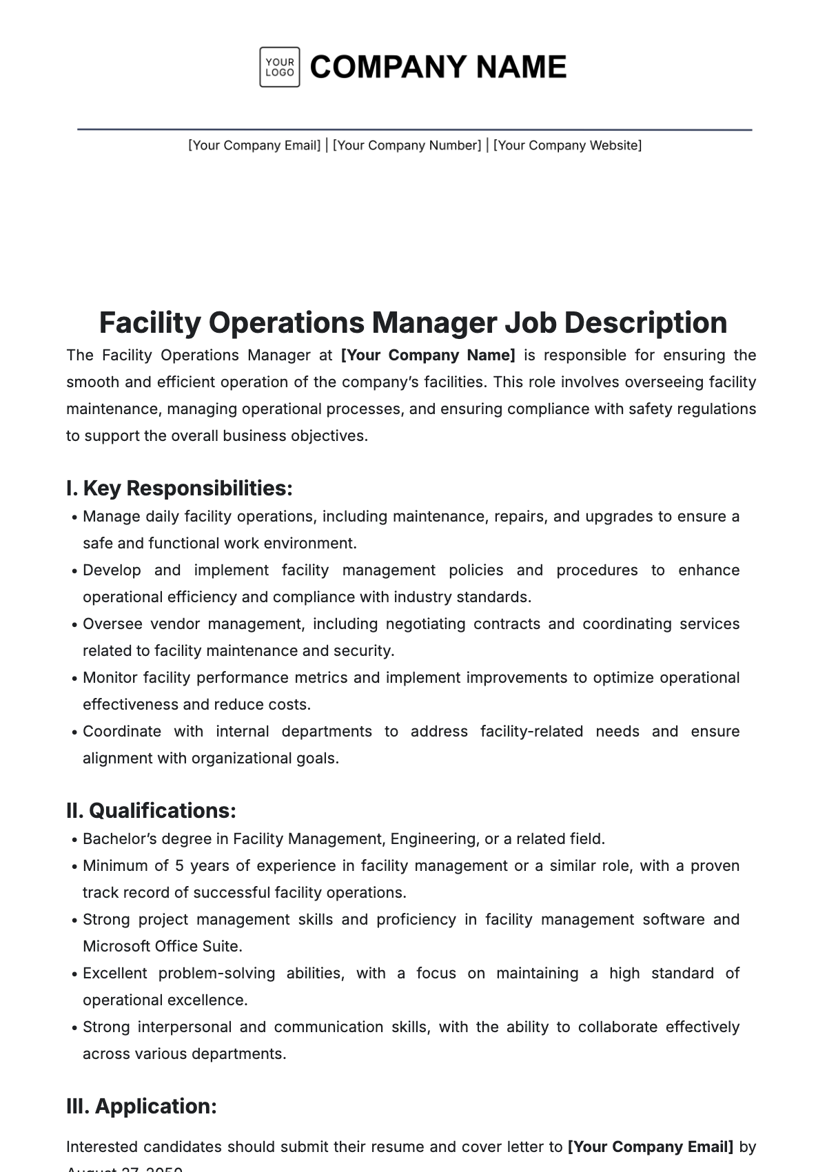 Facility Operations Manager Job Description Template - Edit Online & Download