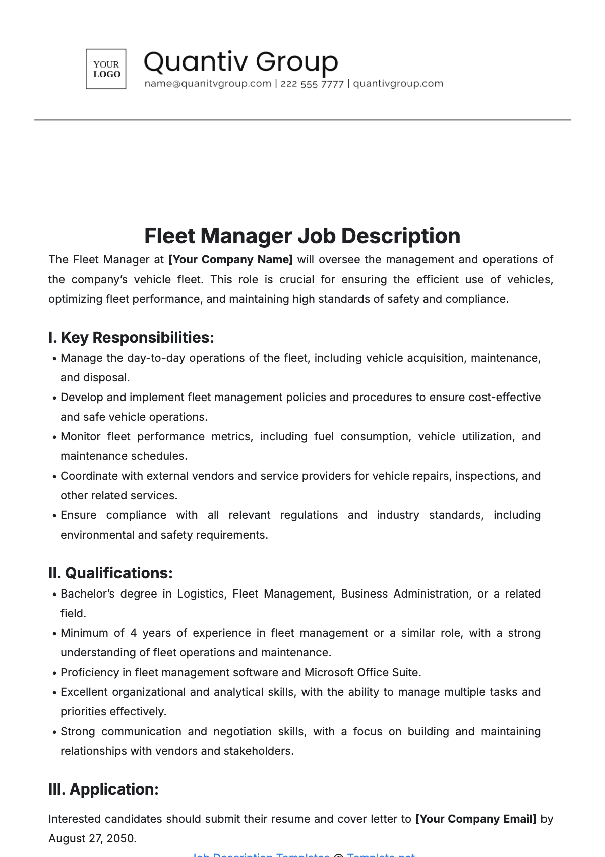 Fleet Manager Job Description Template - Edit Online & Download