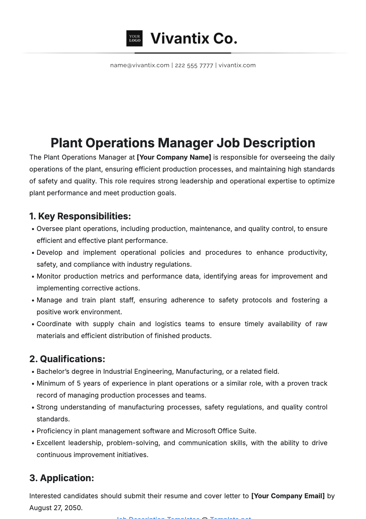 Plant Operations Manager Job Description Template - Edit Online & Download