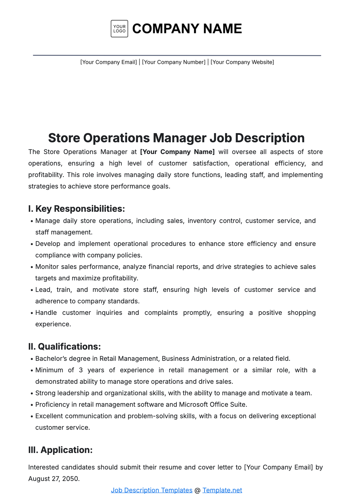 Store Operations Manager Job Description Template - Edit Online & Download