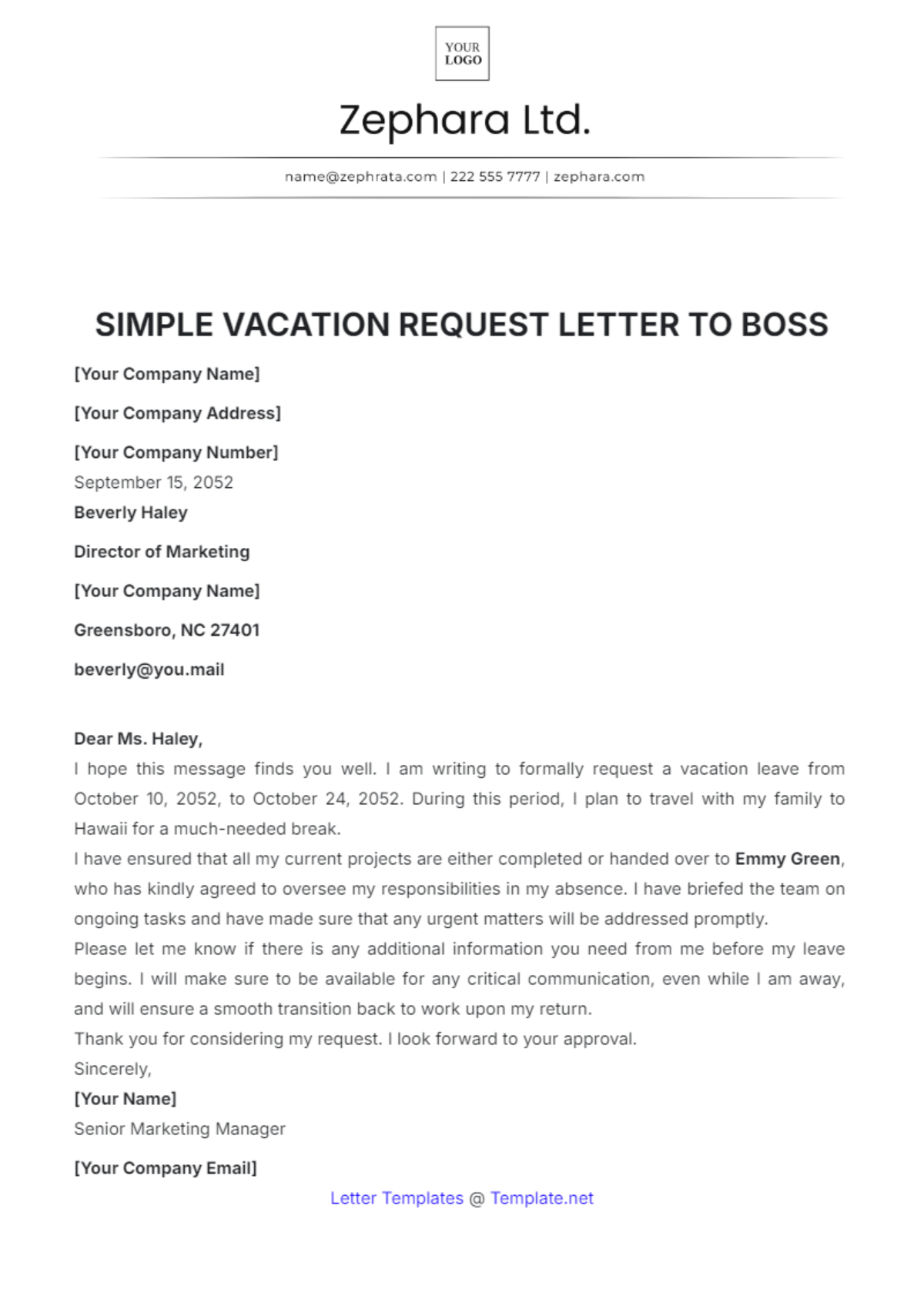 Simple Vacation Request Letter to Boss Template