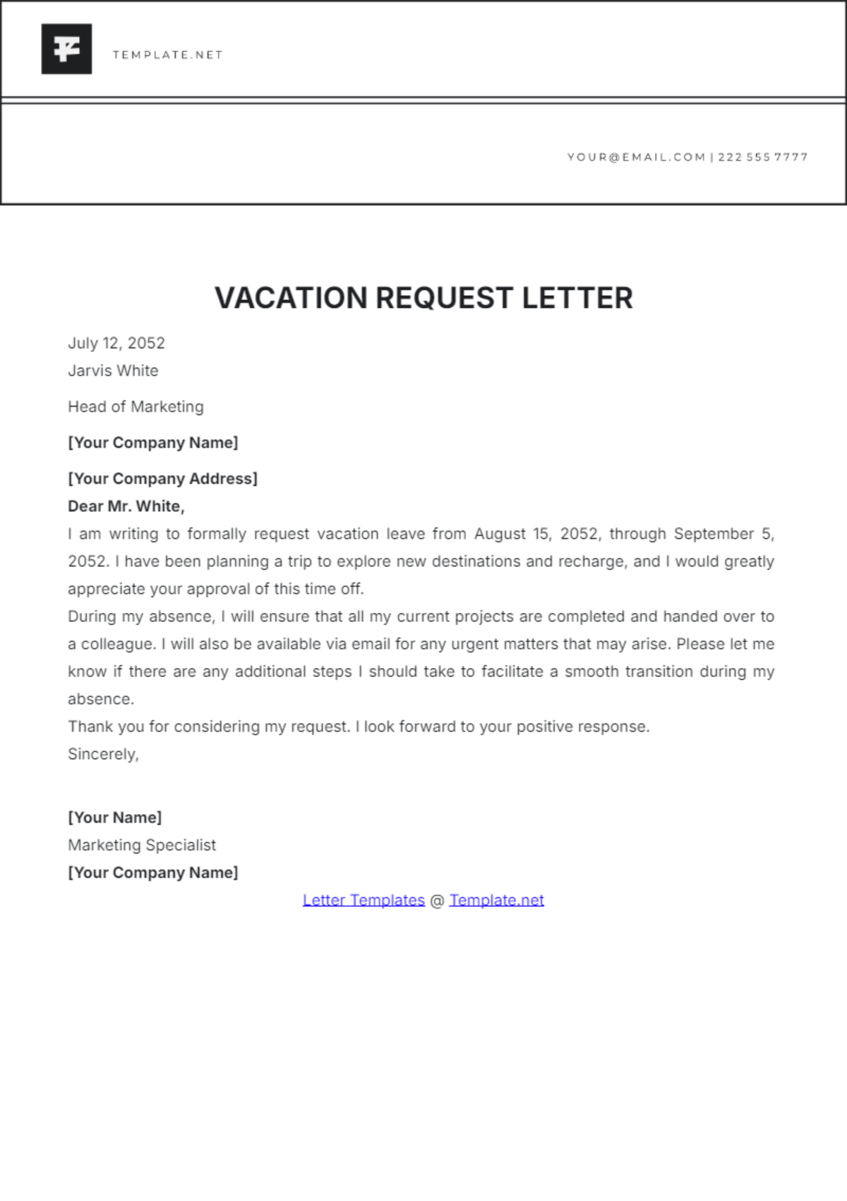 Vacation Request Letter Template - Edit Online & Download