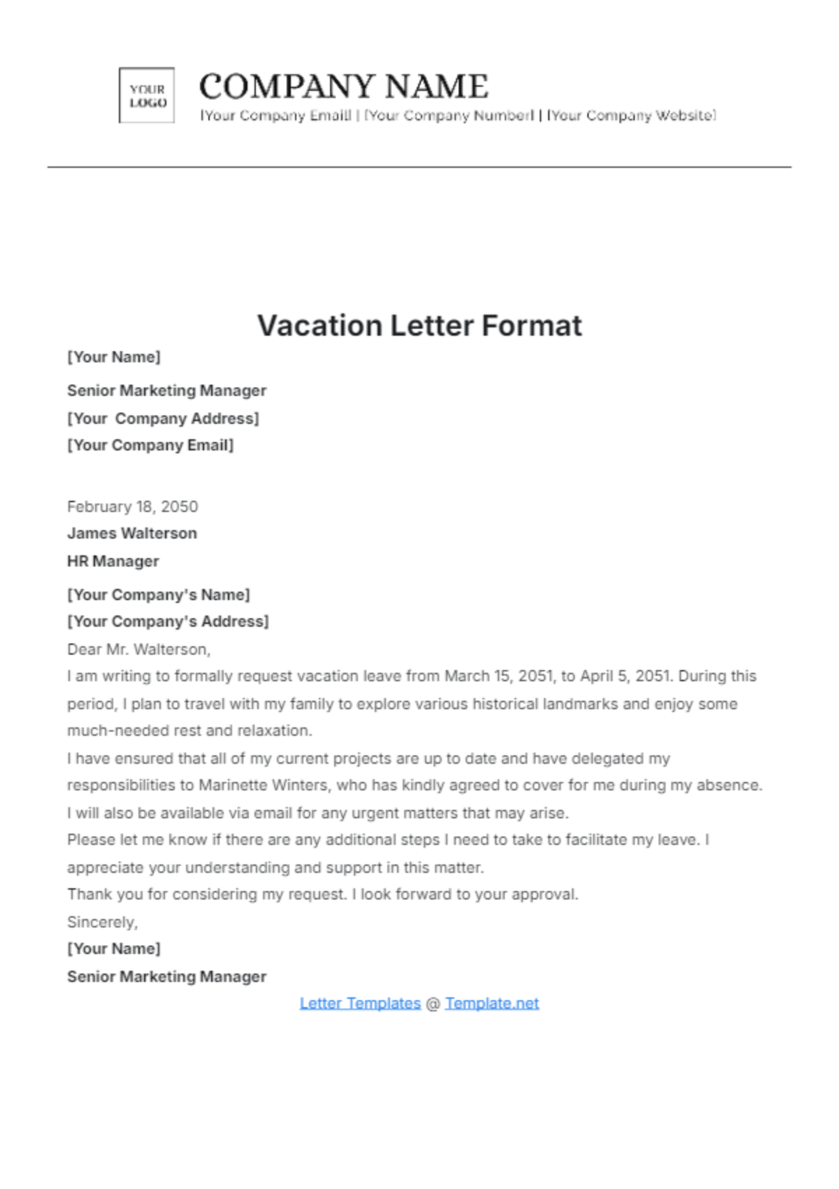 Vacation Letter Format Template